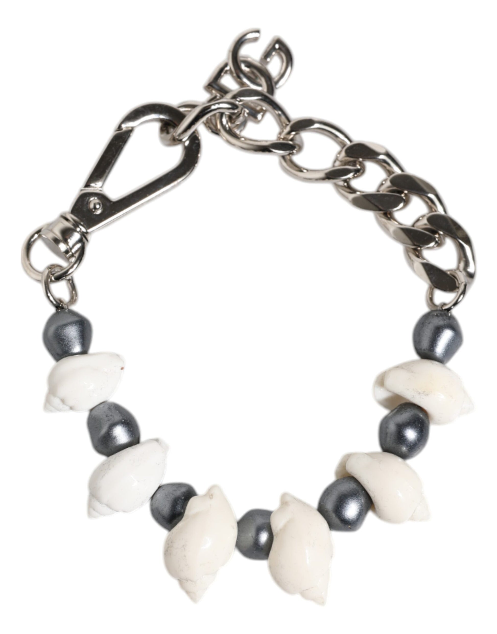 Dolce & Gabbana Silver Tone Brass Beaded Shell DG Logo Pendant Bracelet Curated Luxury Accessories by Orvyn