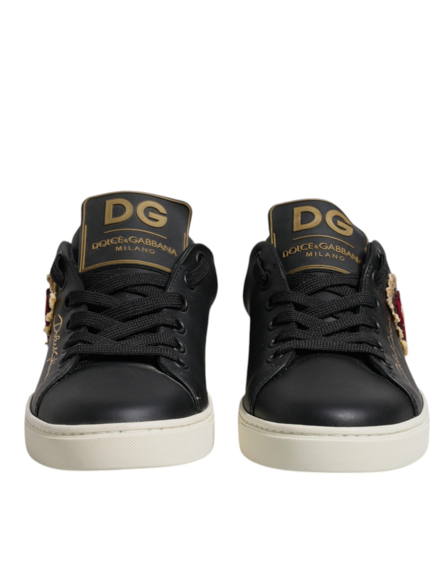 Dolce & Gabbana Black Leather Gold Red Heart Sneakers Shoes Curated Luxury Accessories by Orvyn