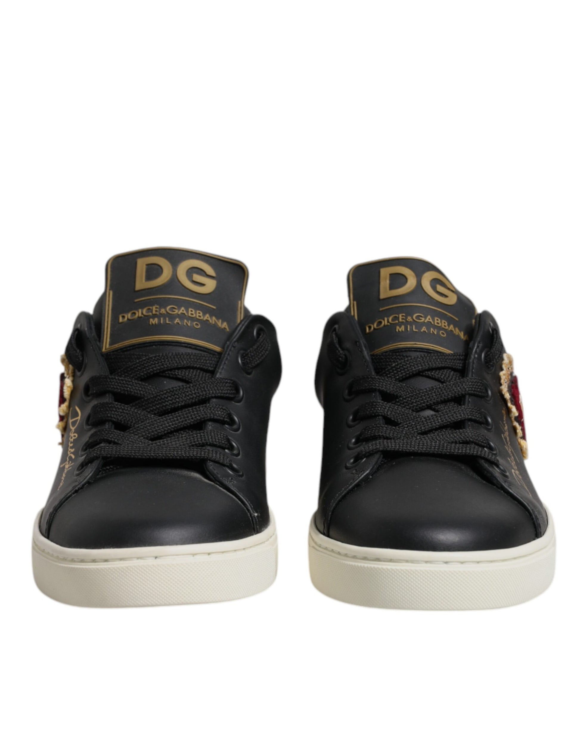 Dolce & Gabbana Black Leather Gold Red Heart Sneakers Shoes Curated Luxury Accessories by Orvyn