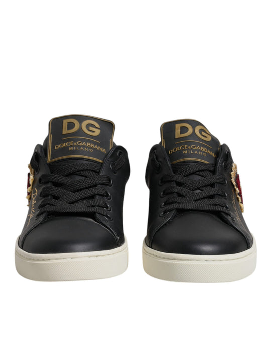 Dolce & Gabbana Black Leather Gold Red Heart Sneakers Shoes Curated Luxury Accessories by Orvyn