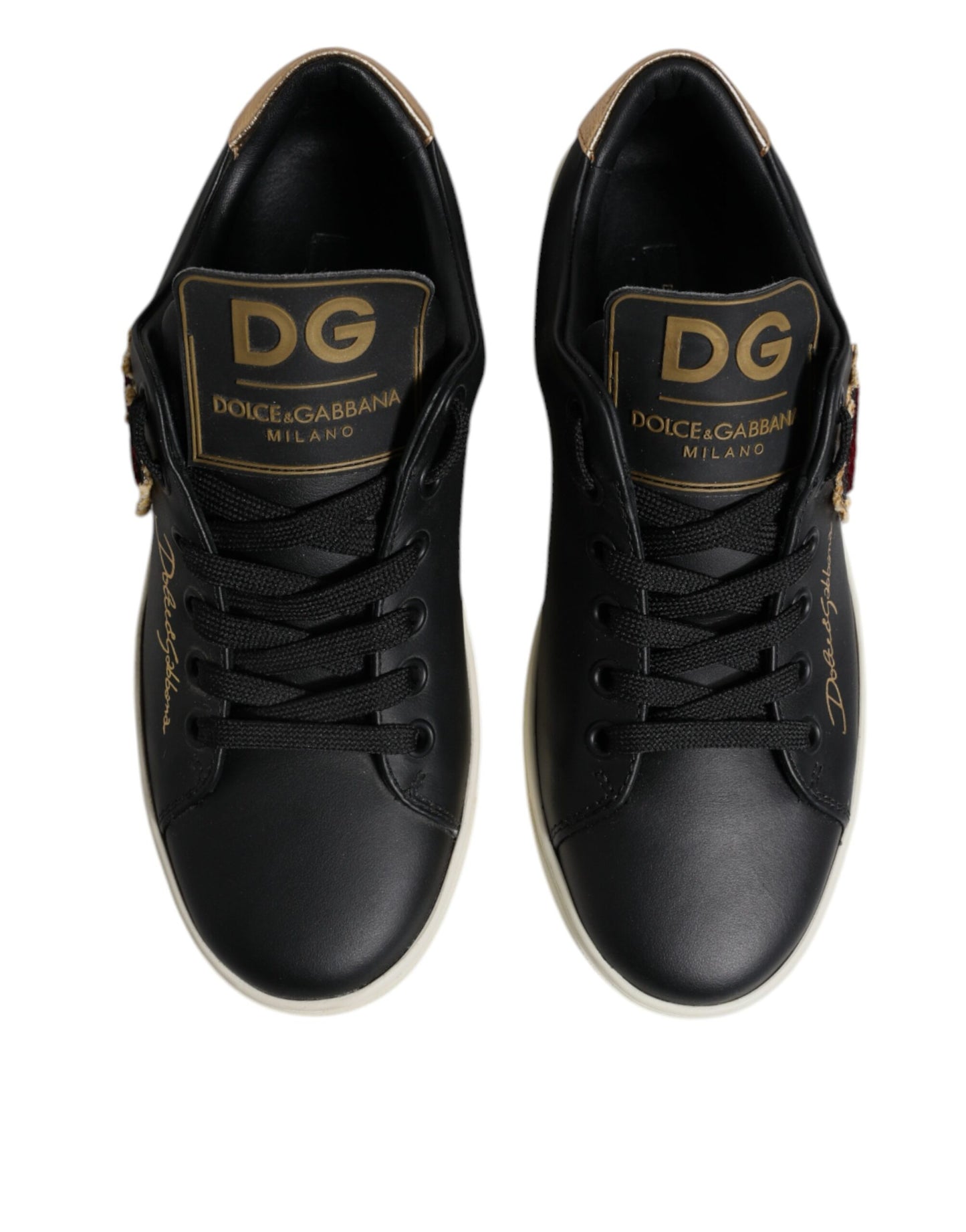 Dolce & Gabbana Black Leather Gold Red Heart Sneakers Shoes Curated Luxury Accessories by Orvyn