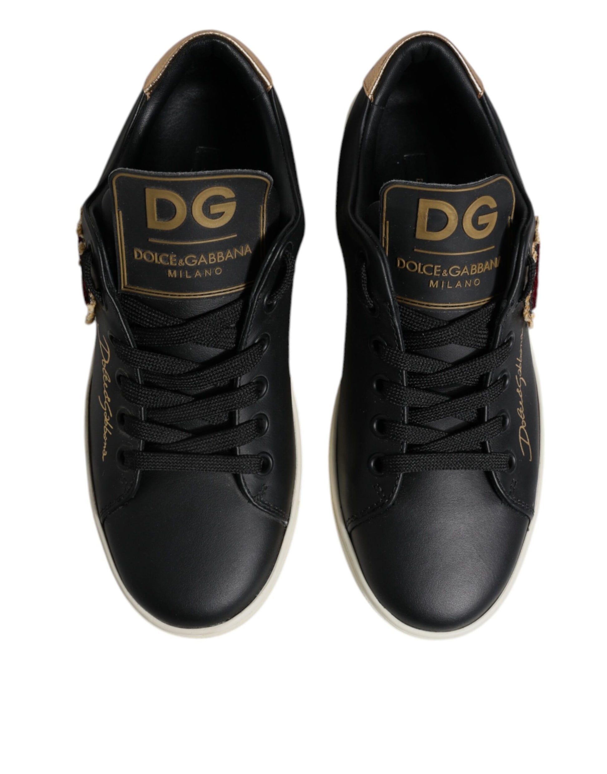 Dolce & Gabbana Black Leather Gold Red Heart Sneakers Shoes Curated Luxury Accessories by Orvyn
