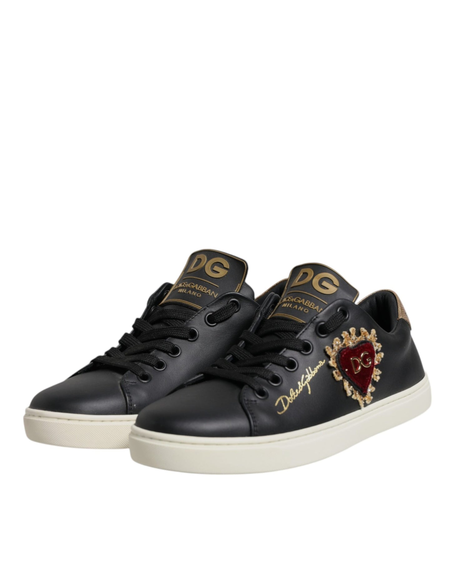 Dolce & Gabbana Black Leather Gold Red Heart Sneakers Shoes Curated Luxury Accessories by Orvyn
