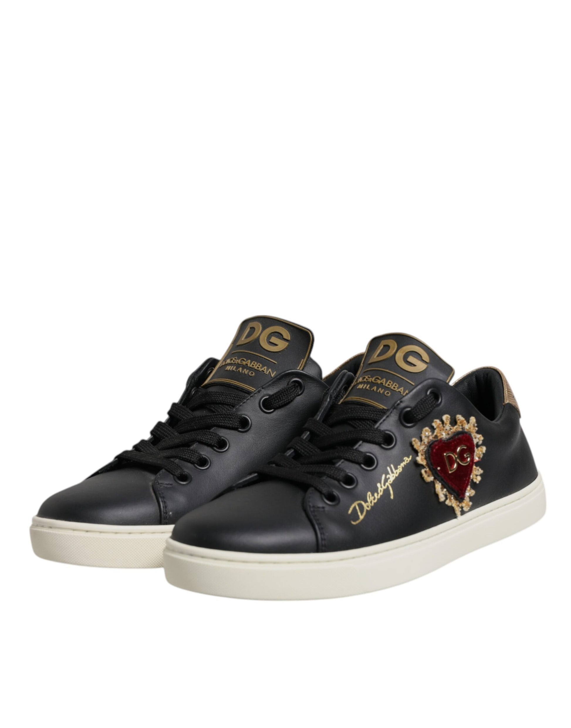 Dolce & Gabbana Black Leather Gold Red Heart Sneakers Shoes Curated Luxury Accessories by Orvyn
