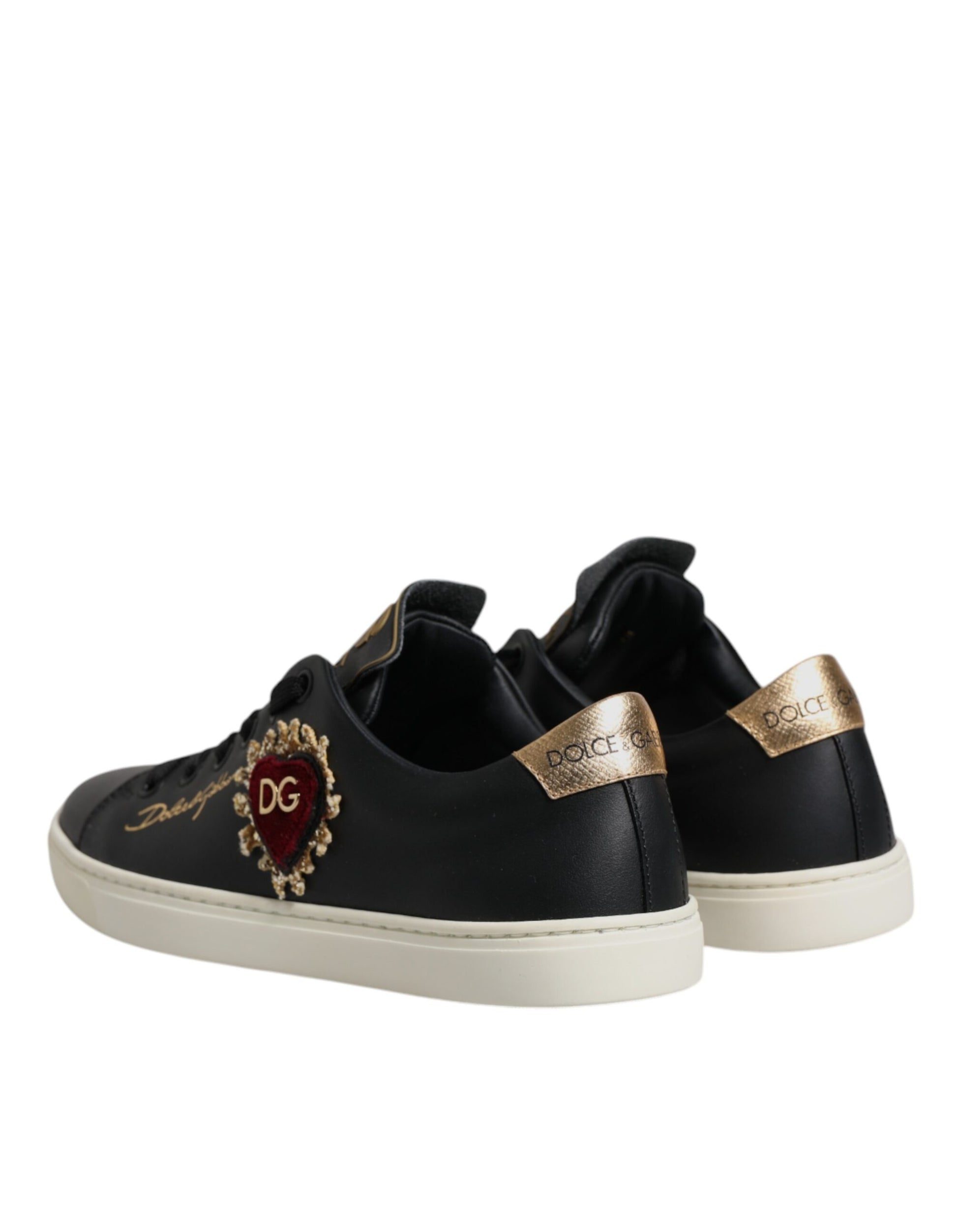 Dolce & Gabbana Black Leather Gold Red Heart Sneakers Shoes Curated Luxury Accessories by Orvyn