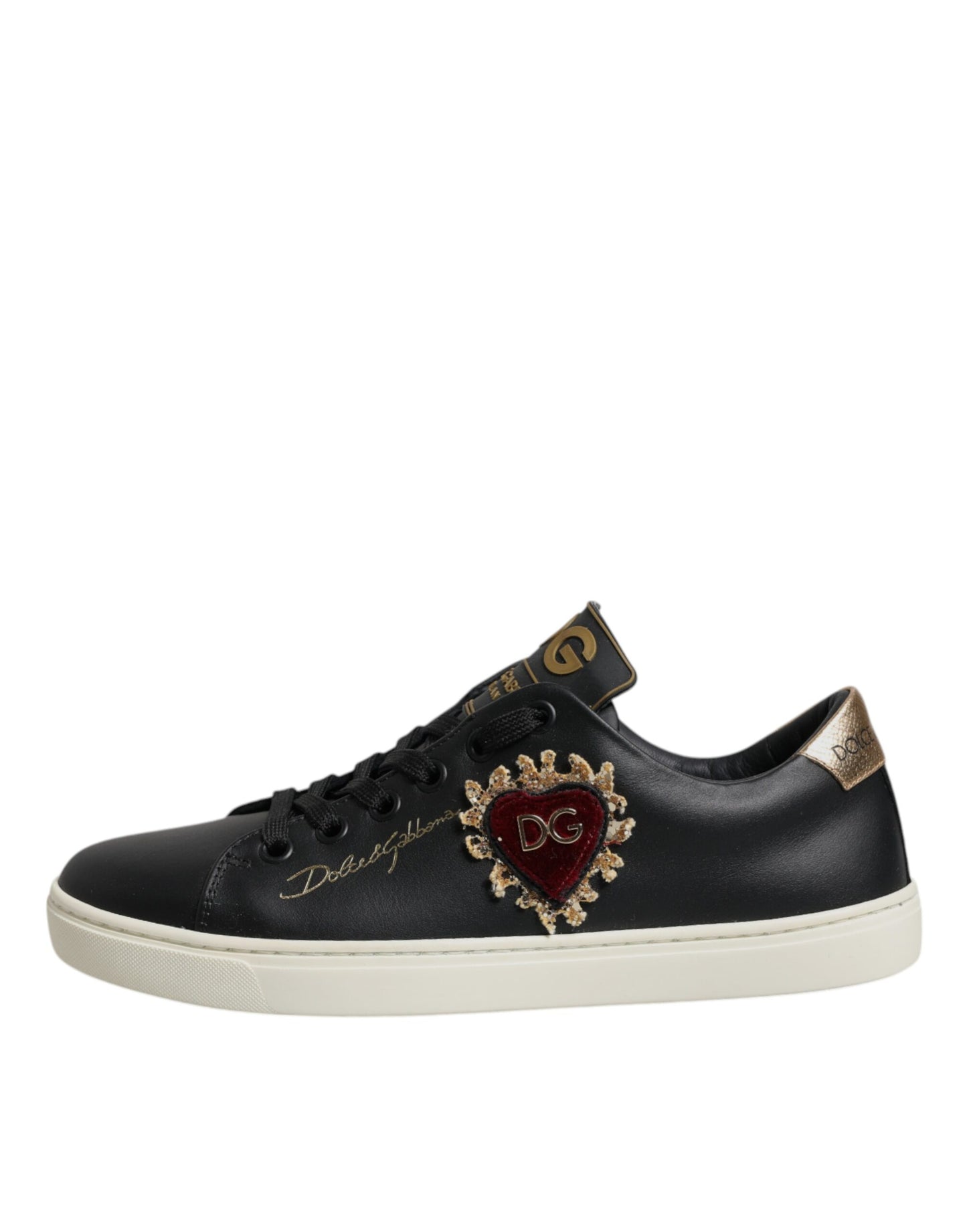 Dolce & Gabbana Black Leather Gold Red Heart Sneakers Shoes Curated Luxury Accessories by Orvyn
