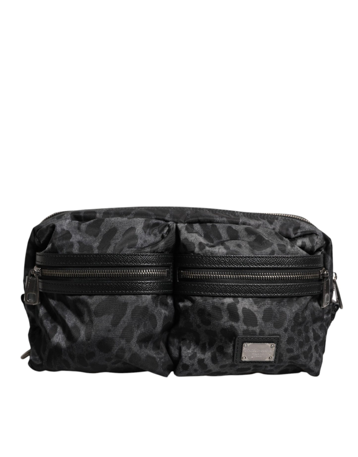Dolce & Gabbana Black Gray Leopard DG Logo Belt Waist Fanny Pack Bag schwarz