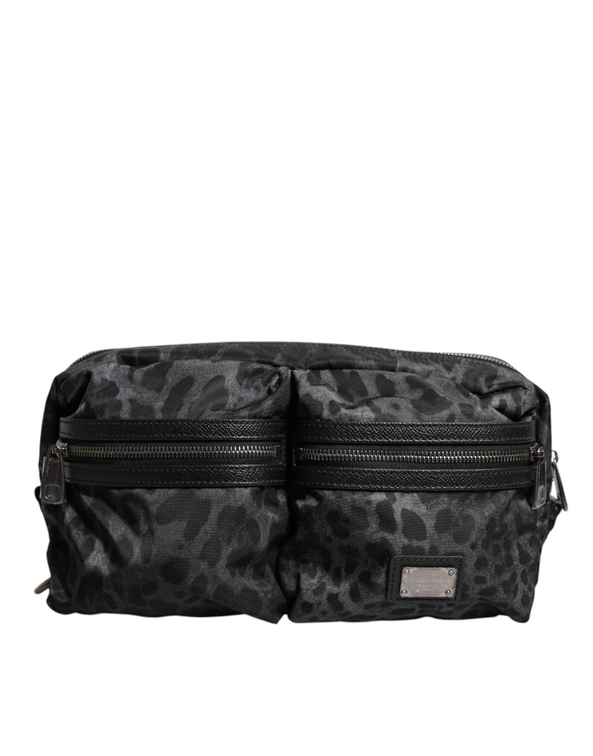 Dolce & Gabbana Black Gray Leopard DG Logo Belt Waist Fanny Pack Bag schwarz