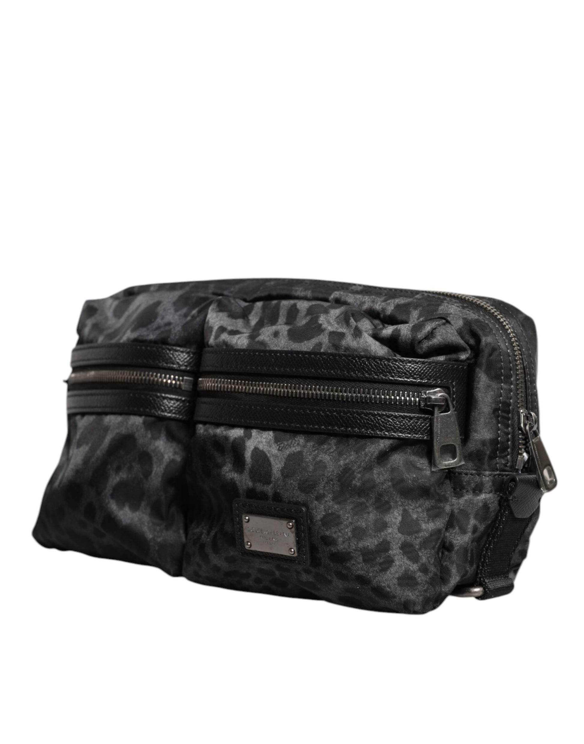 Dolce & Gabbana Black Gray Leopard DG Logo Belt Waist Fanny Pack Bag schwarz