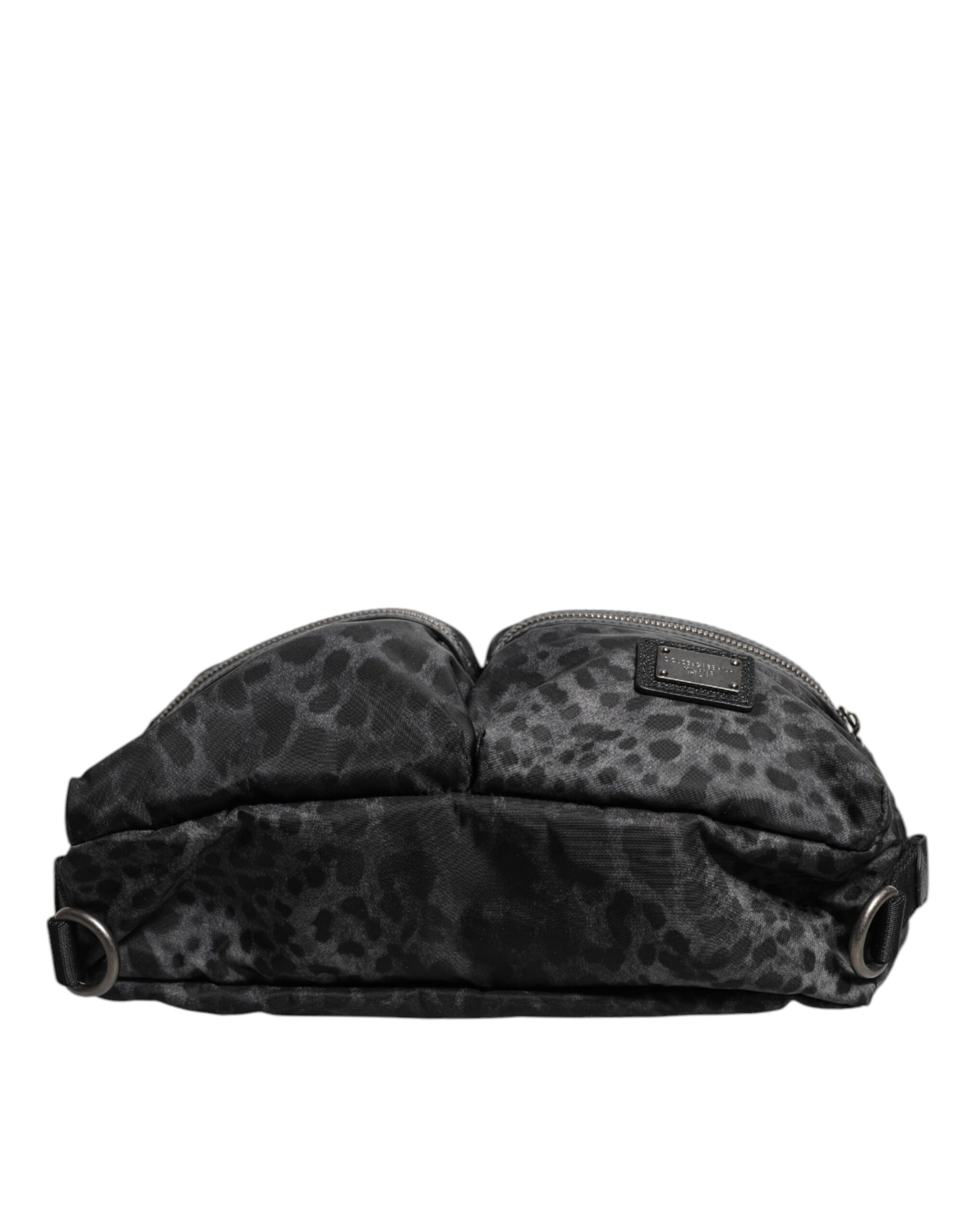 Dolce & Gabbana Black Gray Leopard DG Logo Belt Waist Fanny Pack Bag schwarz