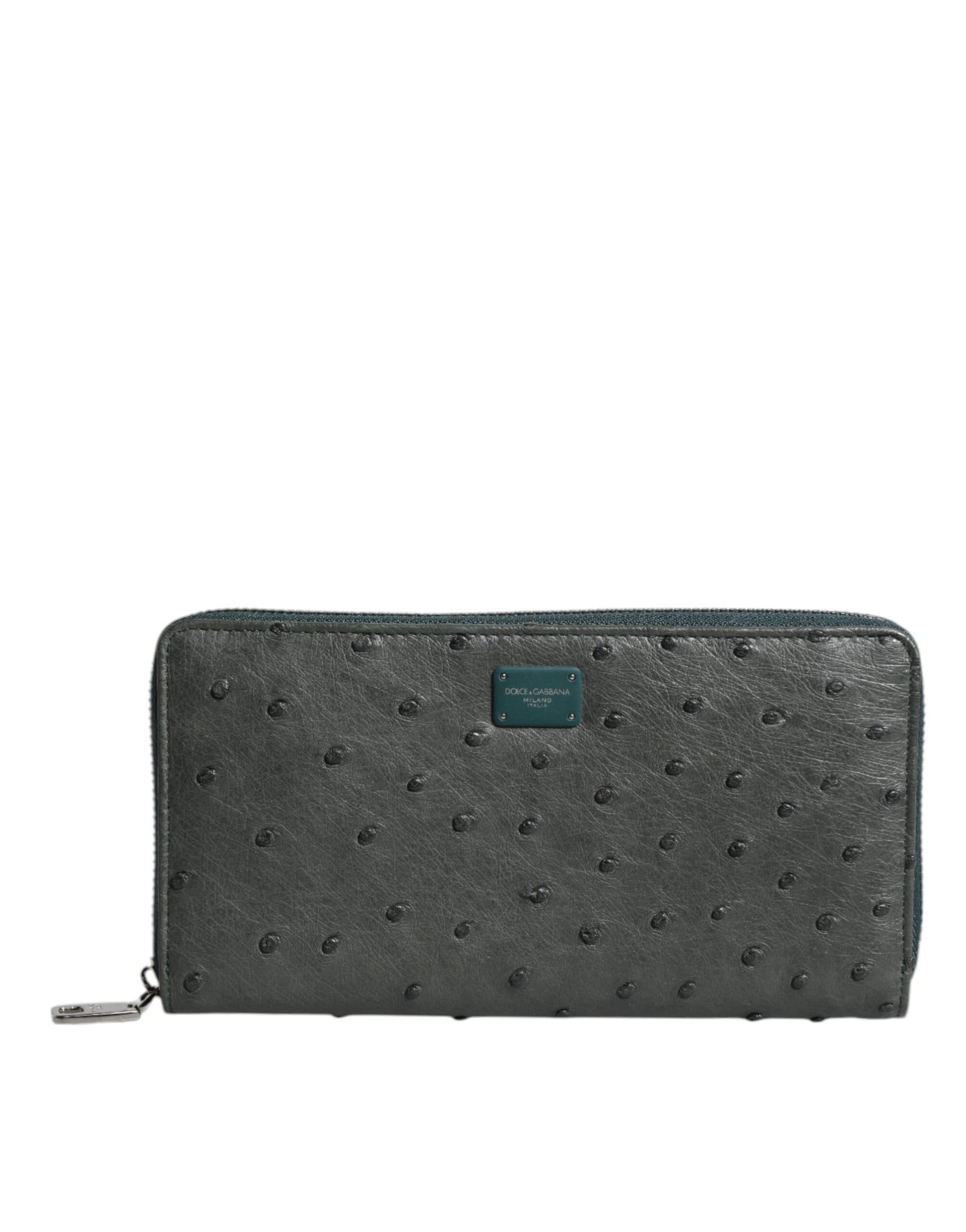 Dolce & Gabbana Green Ostrich Logo Plaque Zip Around Continental Wallet Curated Luxury Accessories by Orvyn