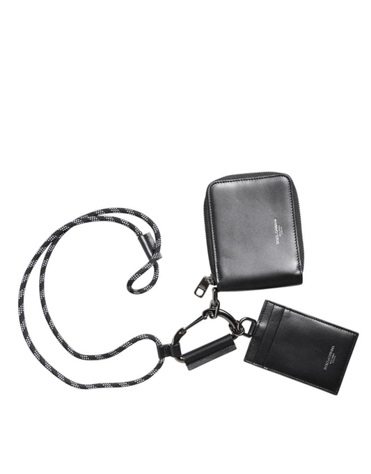 Dolce & Gabbana Black Leather Lanyard Zip Around Card Holder Wallet Curated Luxury Accessories by Orvyn