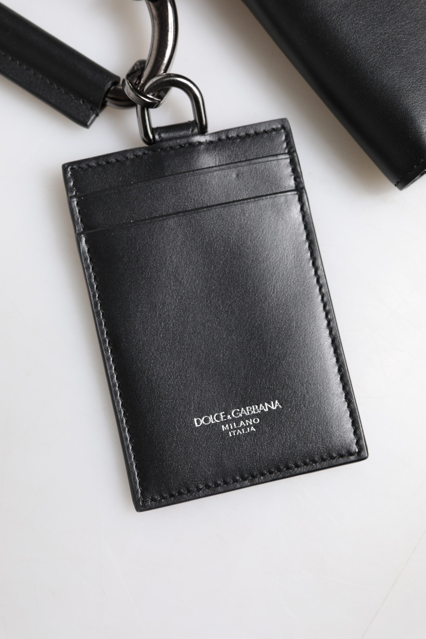 Dolce & Gabbana Black Leather Lanyard Zip Around Card Holder Wallet Curated Luxury Accessories by Orvyn
