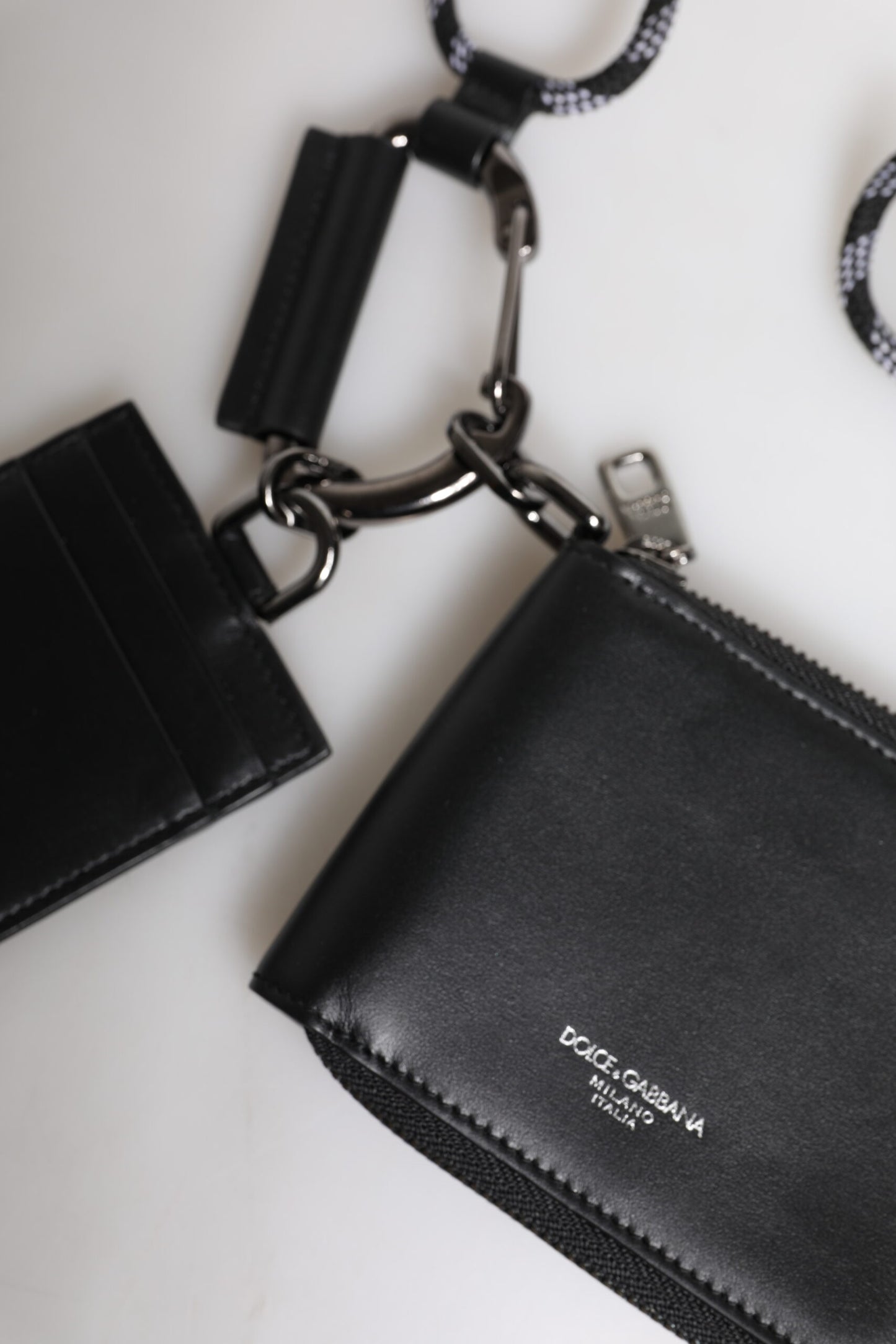 Dolce & Gabbana Black Leather Lanyard Zip Around Card Holder Wallet Curated Luxury Accessories by Orvyn