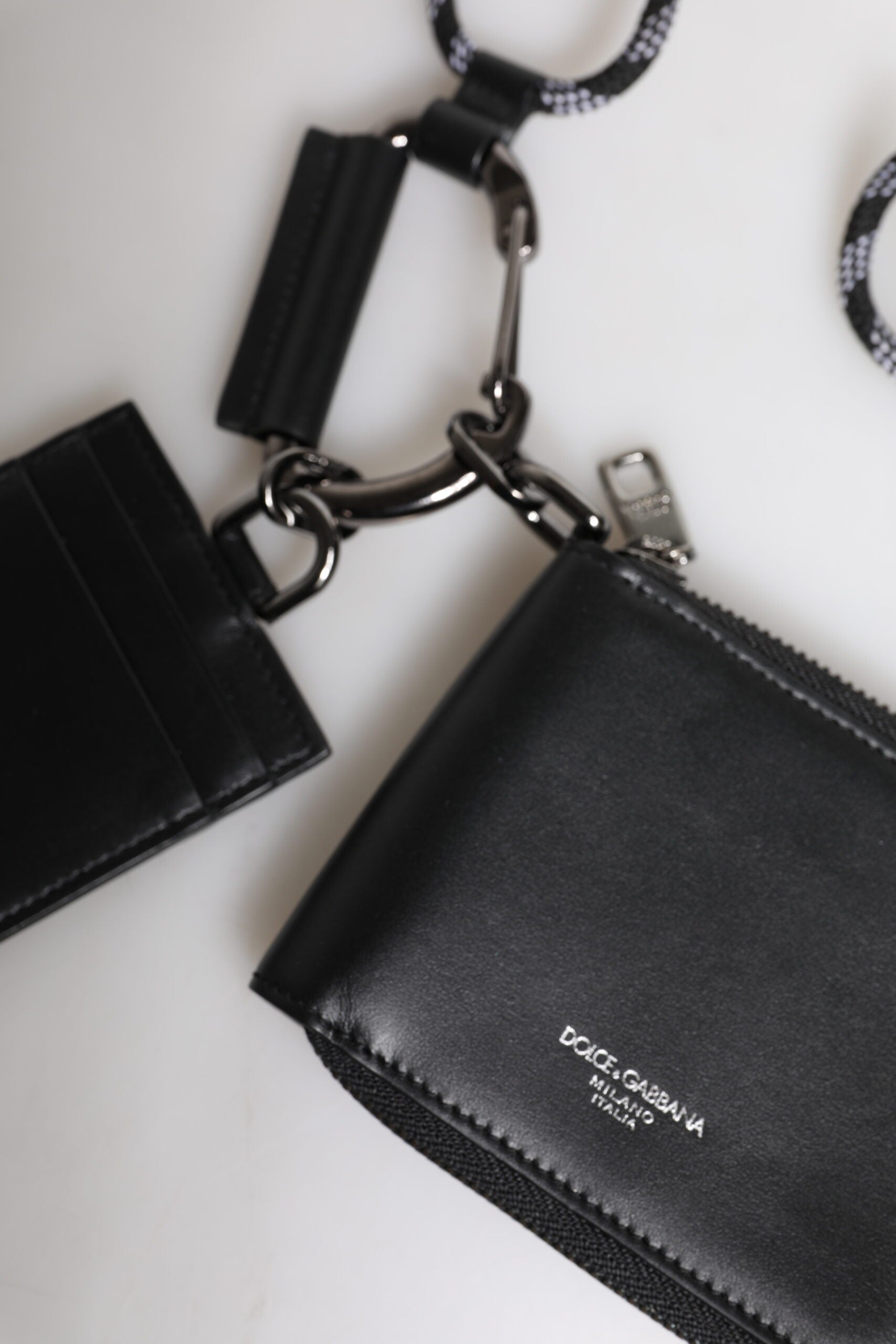Dolce & Gabbana Black Leather Lanyard Zip Around Card Holder Wallet Curated Luxury Accessories by Orvyn