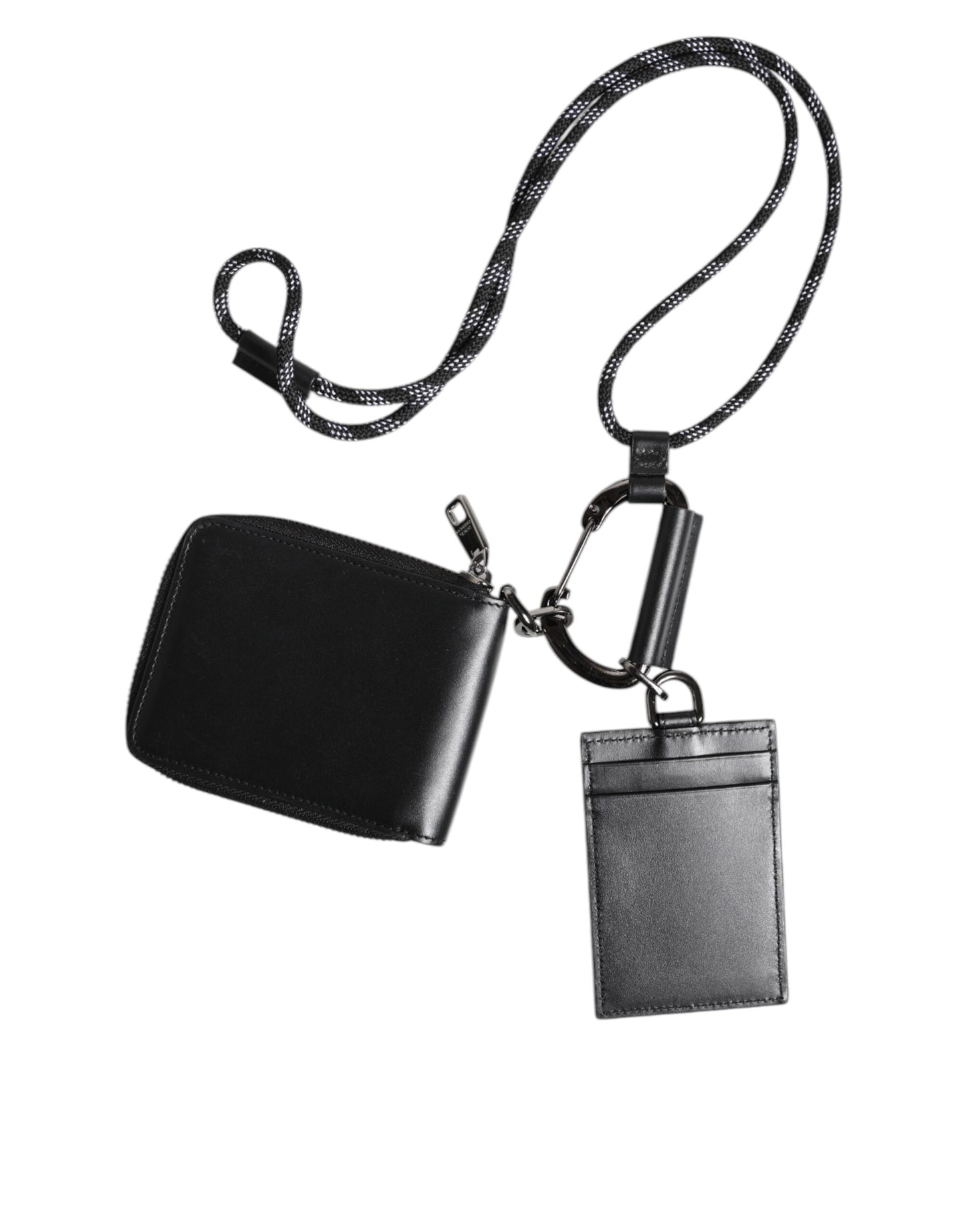 Dolce & Gabbana Black Leather Lanyard Zip Around Card Holder Wallet Curated Luxury Accessories by Orvyn