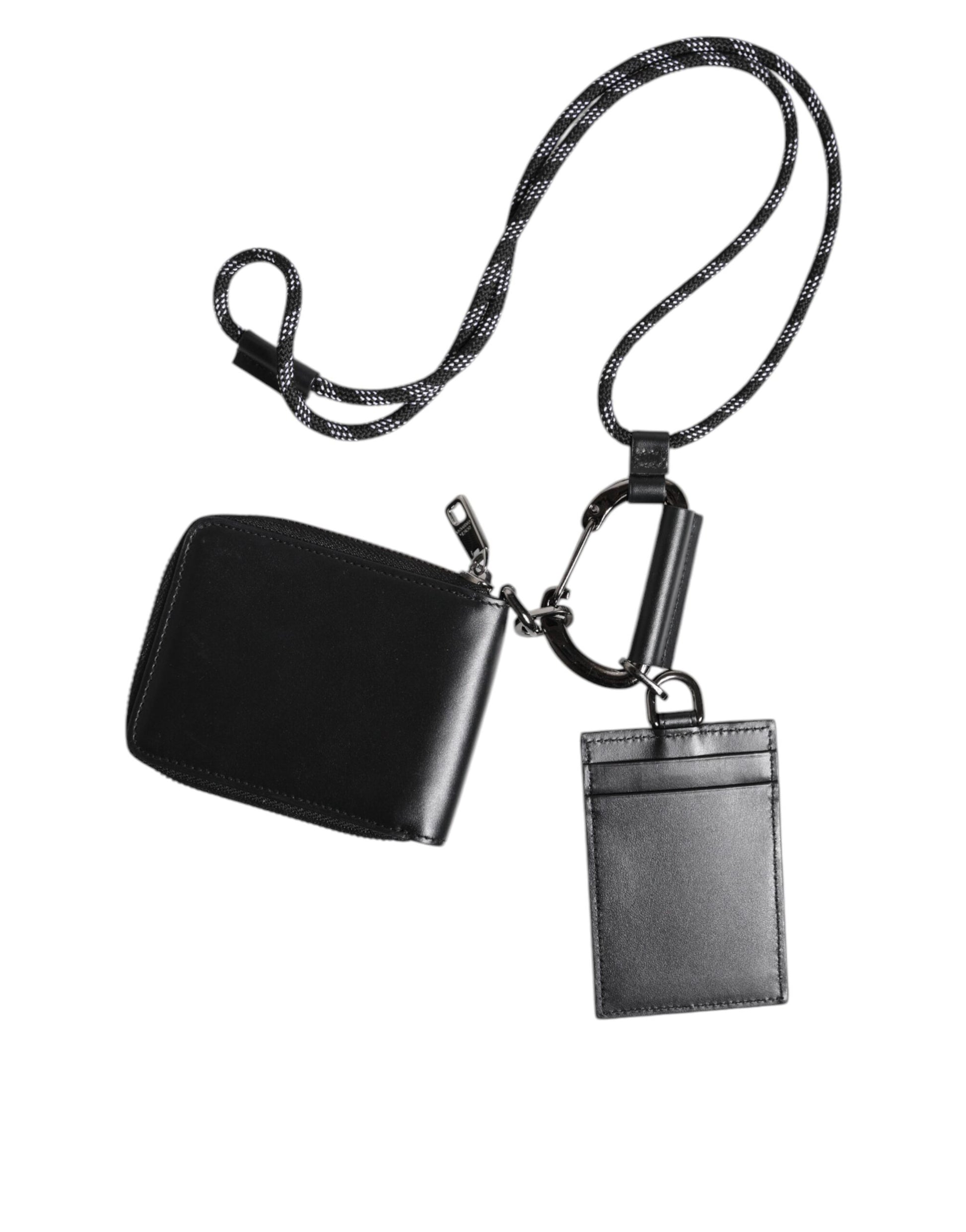 Dolce & Gabbana Black Leather Lanyard Zip Around Card Holder Wallet Curated Luxury Accessories by Orvyn