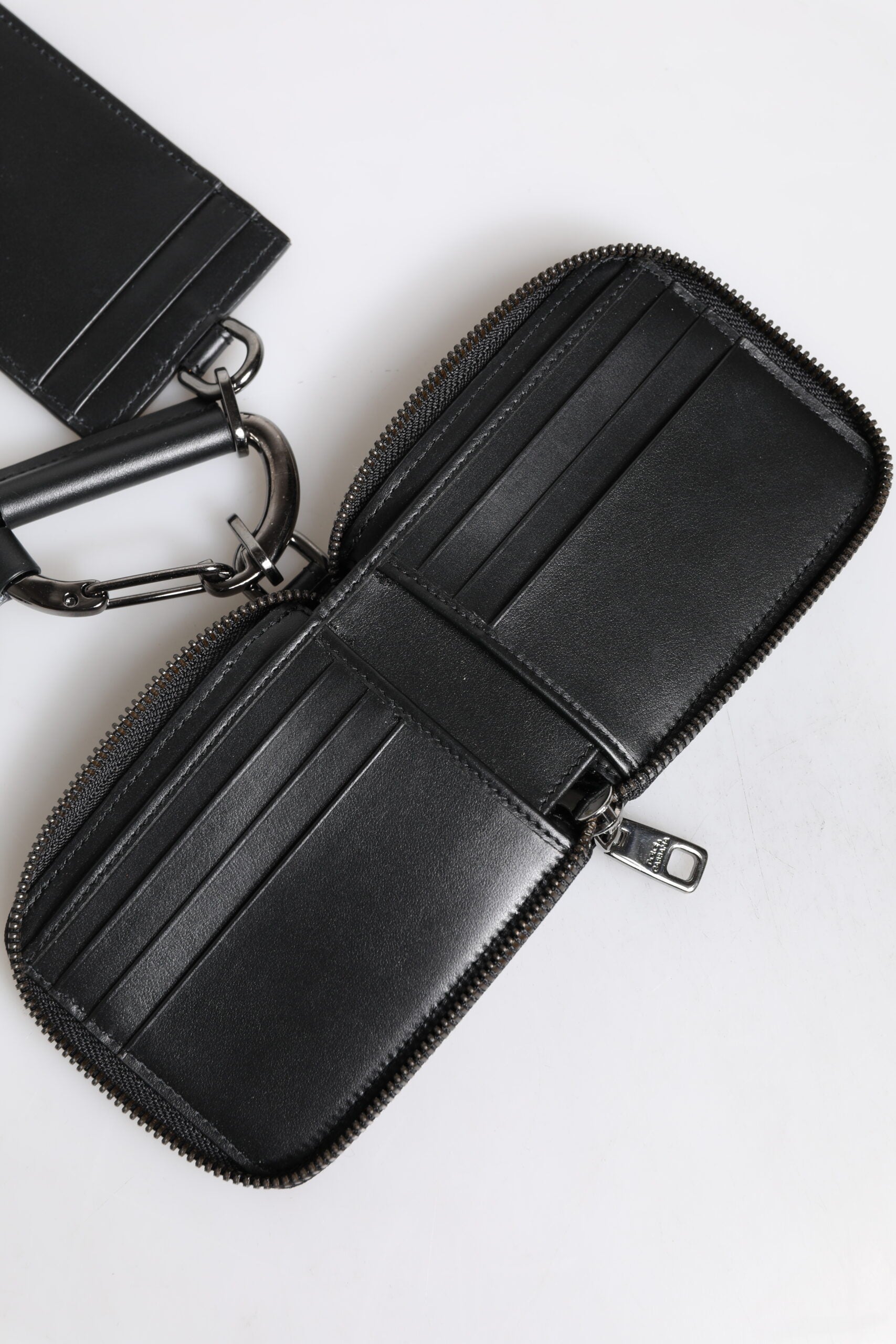 Dolce & Gabbana Black Leather Lanyard Zip Around Card Holder Wallet Curated Luxury Accessories by Orvyn