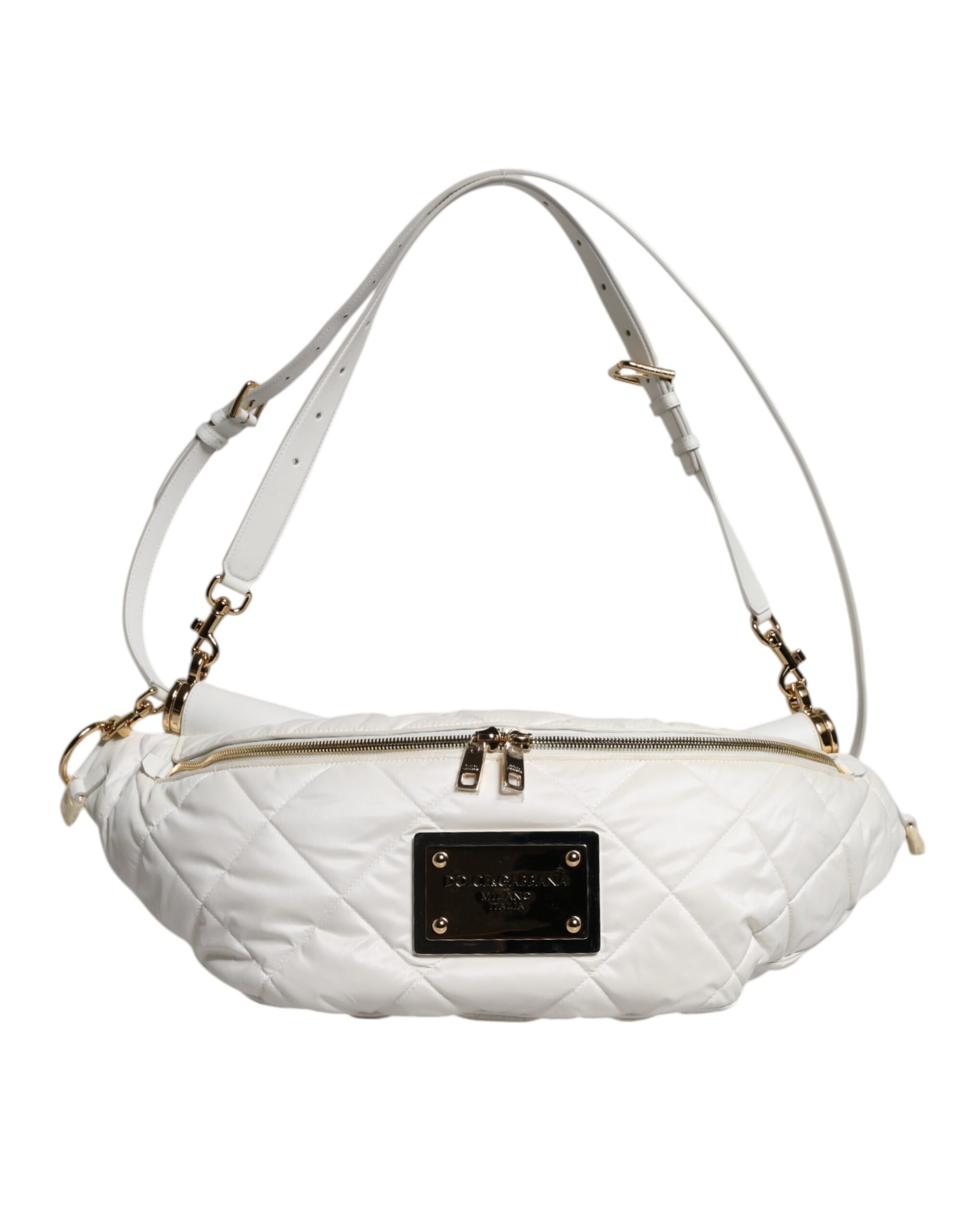 Dolce & Gabbana White Quilted Logo Plaque Belt Waist Fanny Pack Bag Curated Luxury Accessories by Orvyn