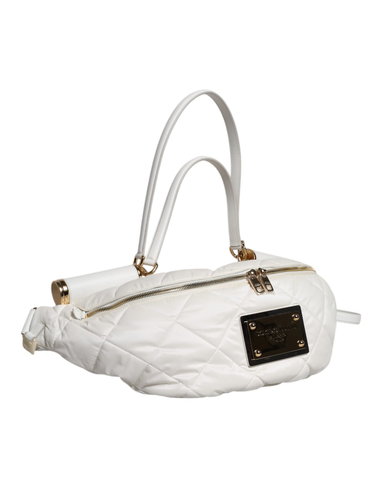 Dolce & Gabbana White Quilted Logo Plaque Belt Waist Fanny Pack Bag Curated Luxury Accessories by Orvyn
