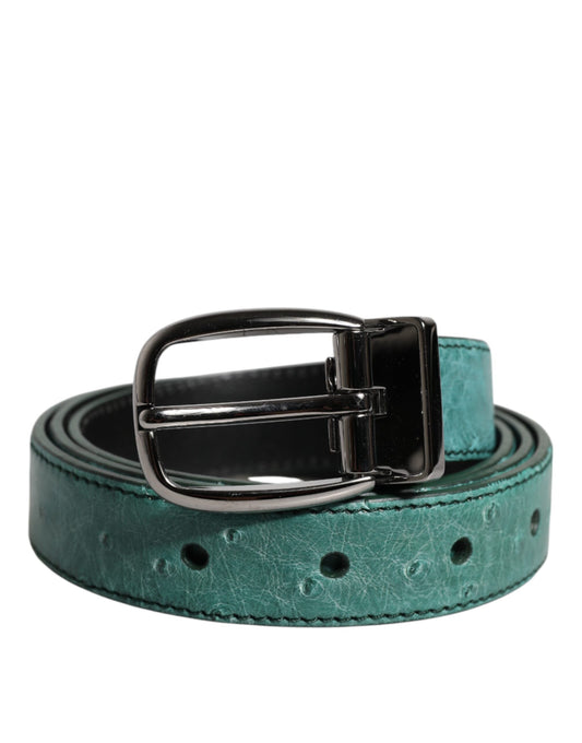 Dolce & Gabbana Green Ostrich Leather Silver Metal Buckle Belt Curated Luxury Accessories by Orvyn