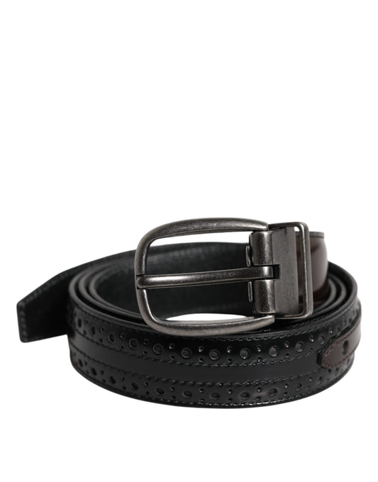 Dolce & Gabbana Black Brown Leather Classic Metal Buckle Belt schwarz