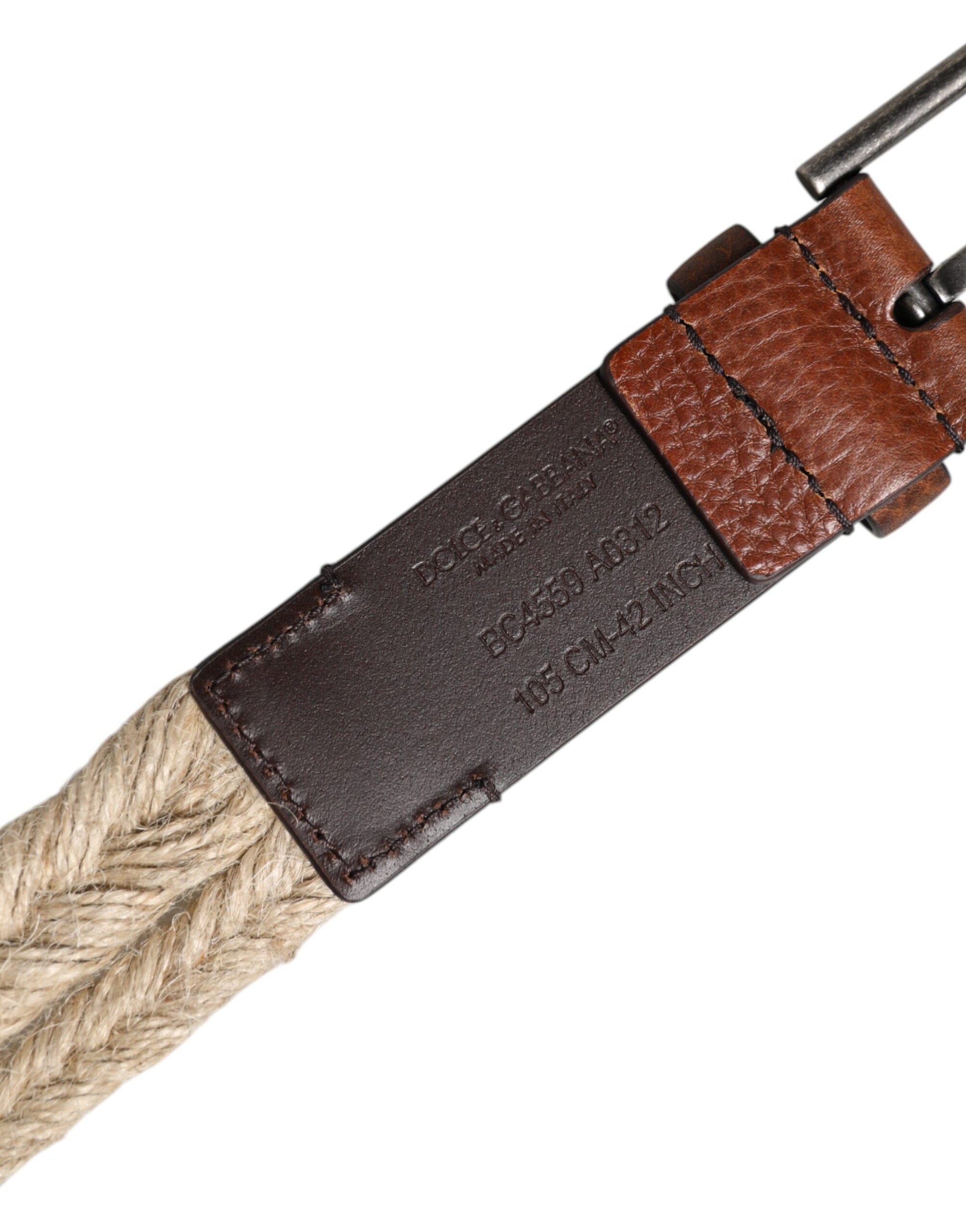 Dolce & Gabbana Brown Jute Leather Woven Metal Buckle Belt braun