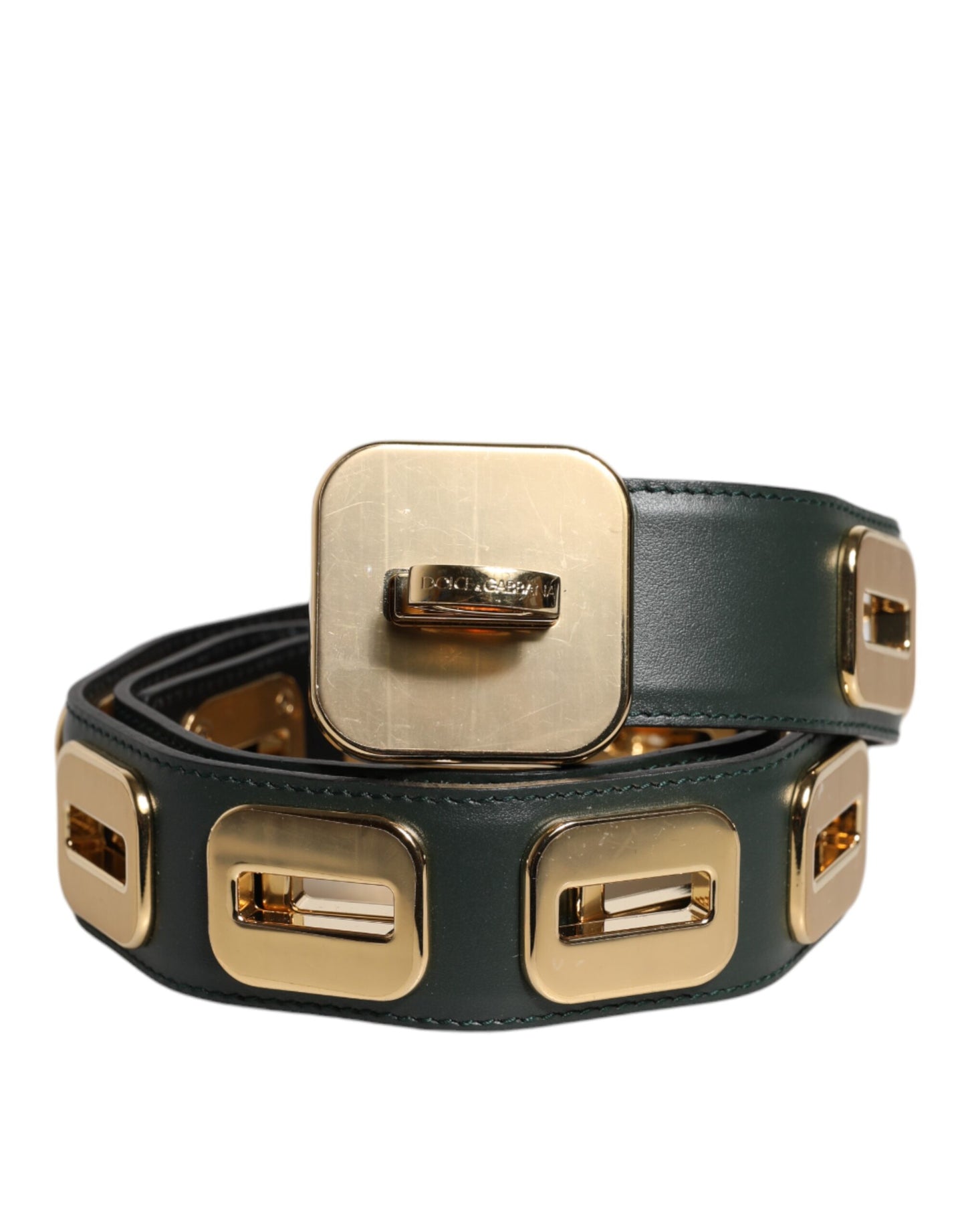 Dolce & Gabbana Green Leather Gold Tone Rotating Buckle Belt Curated Luxury Accessories by Orvyn