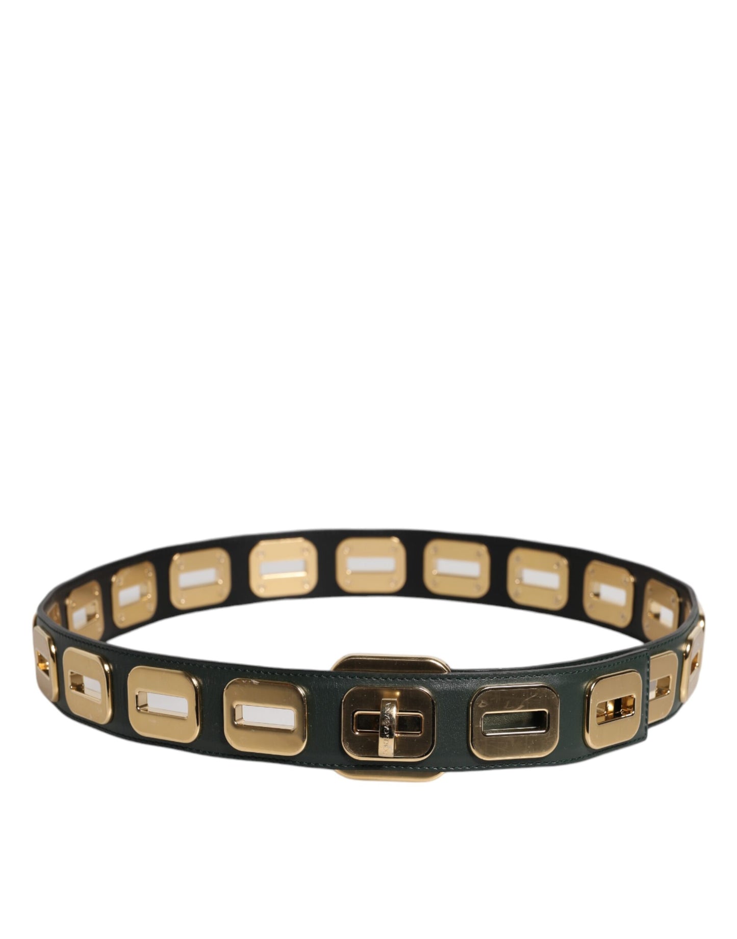 Dolce & Gabbana Green Leather Gold Tone Rotating Buckle Belt Curated Luxury Accessories by Orvyn