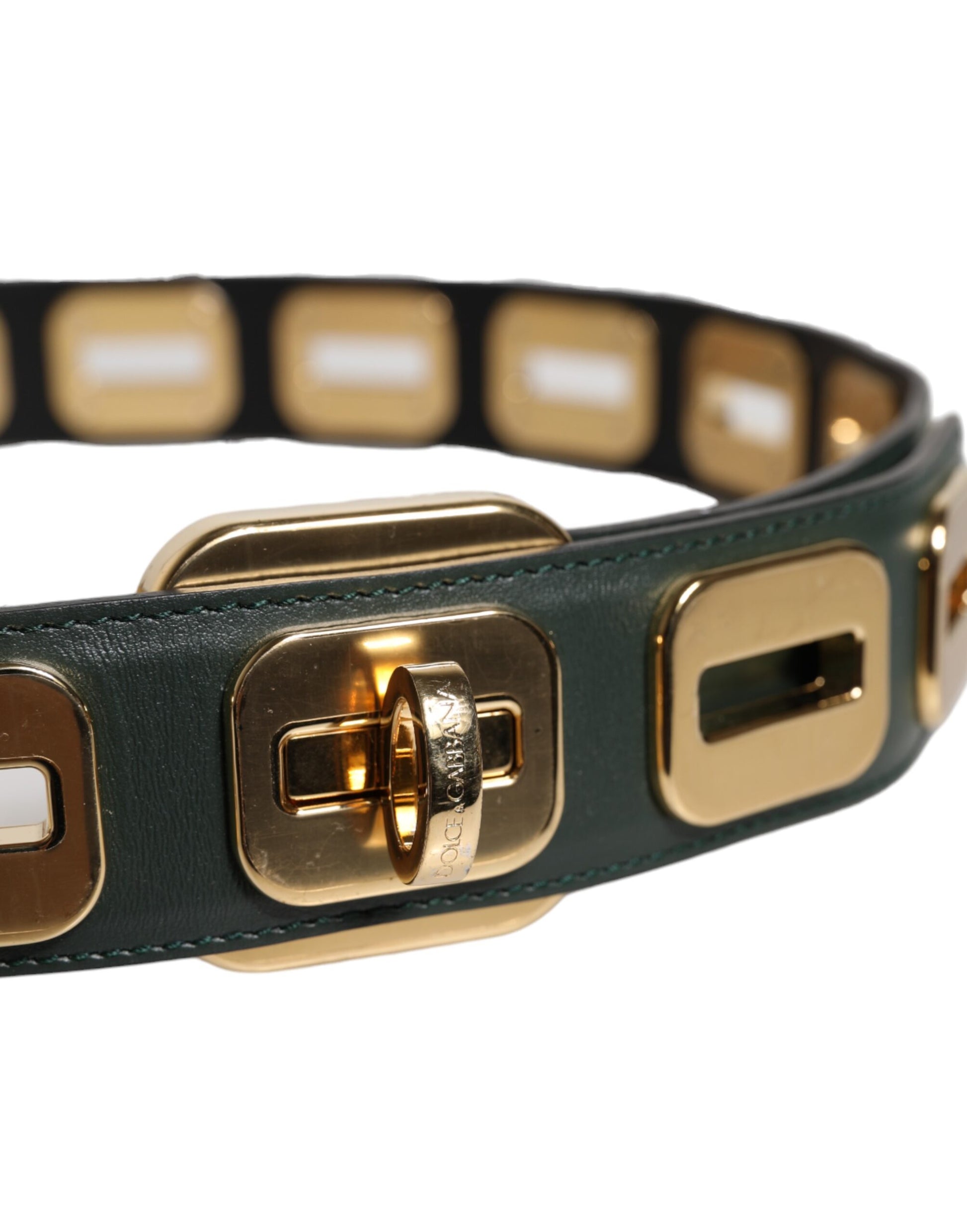 Dolce & Gabbana Green Leather Gold Tone Rotating Buckle Belt Curated Luxury Accessories by Orvyn