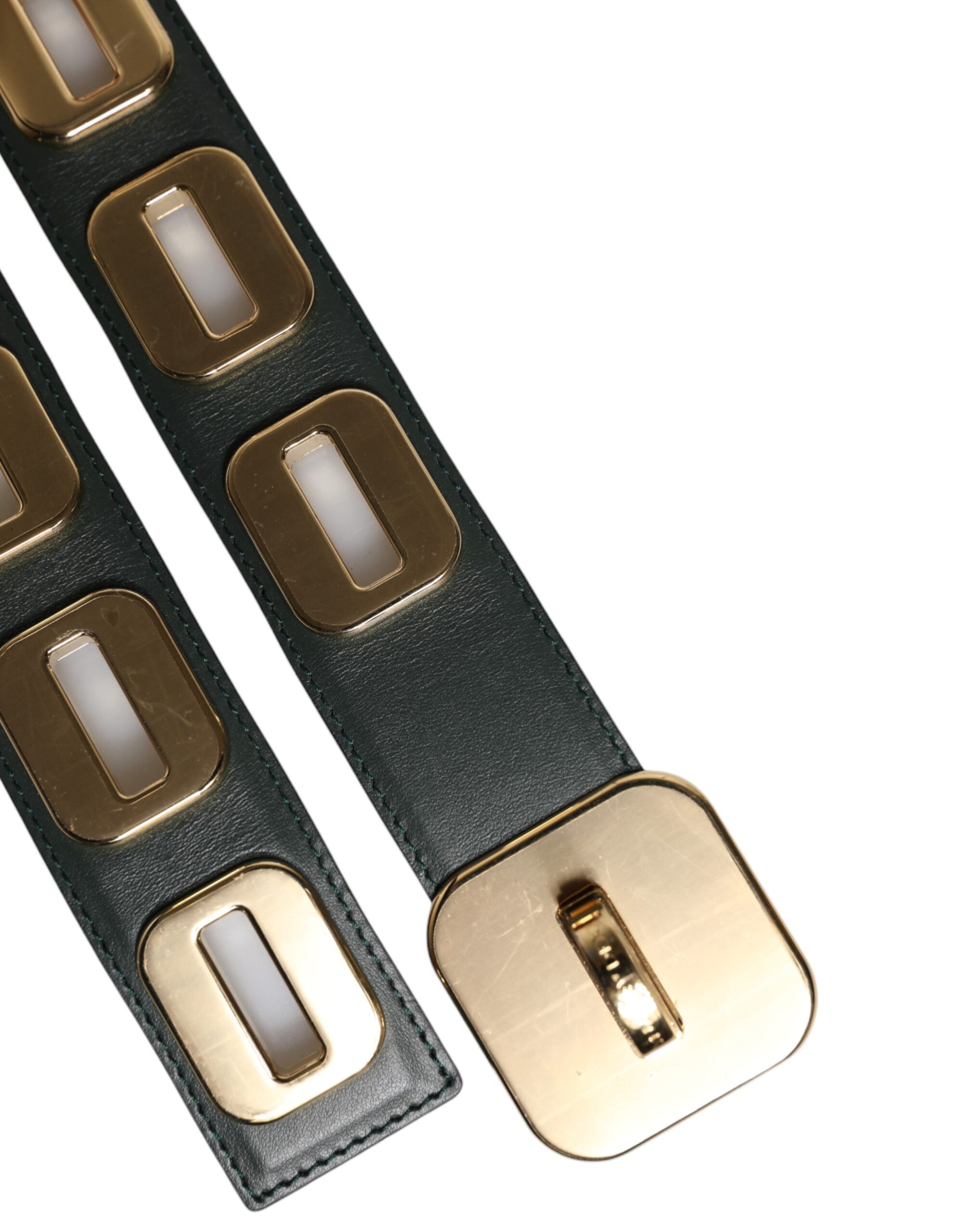 Dolce & Gabbana Green Leather Gold Tone Rotating Buckle Belt Curated Luxury Accessories by Orvyn