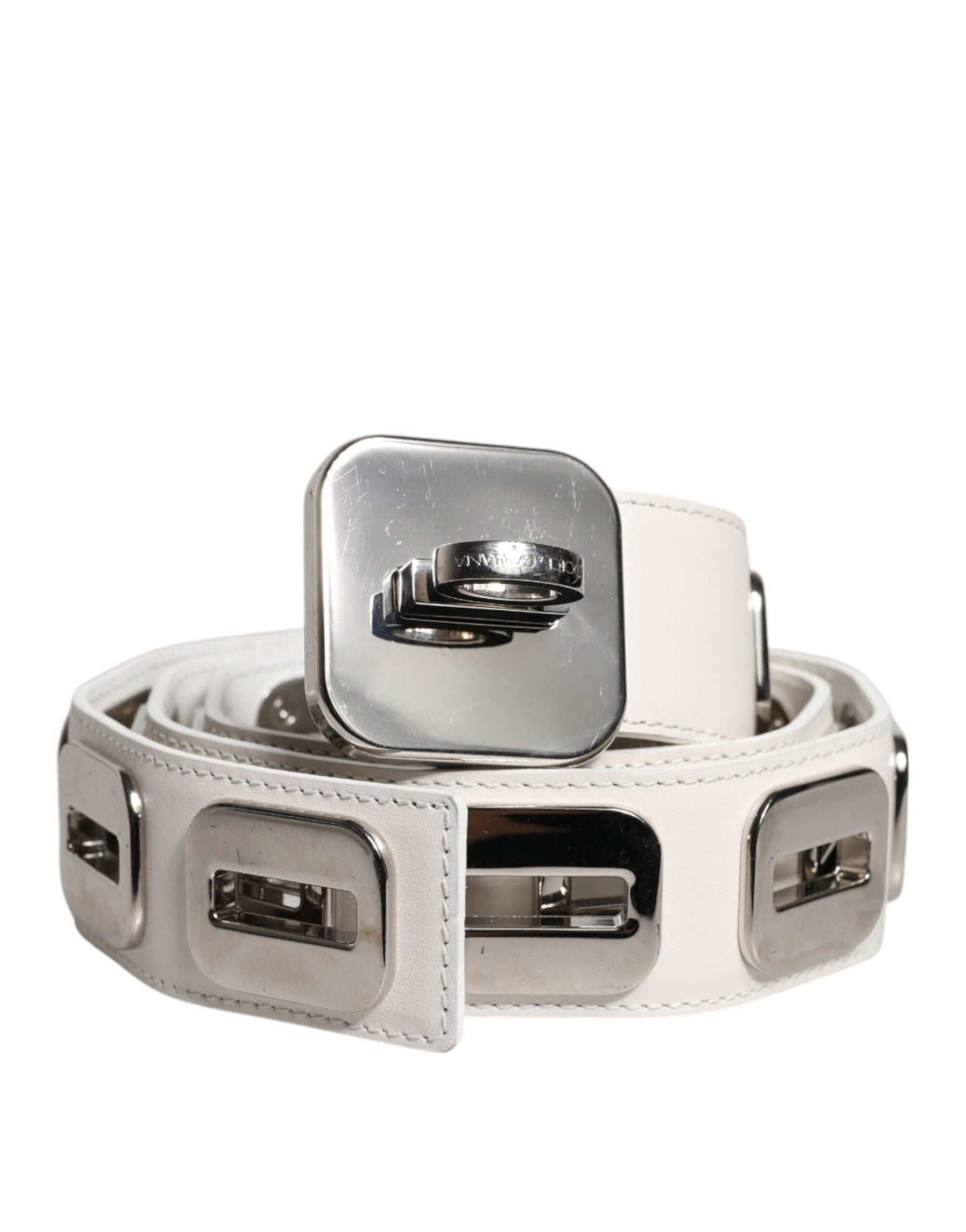 Dolce & Gabbana White Leather Gold Tone Rotating Buckle Belt Curated Luxury Accessories by Orvyn