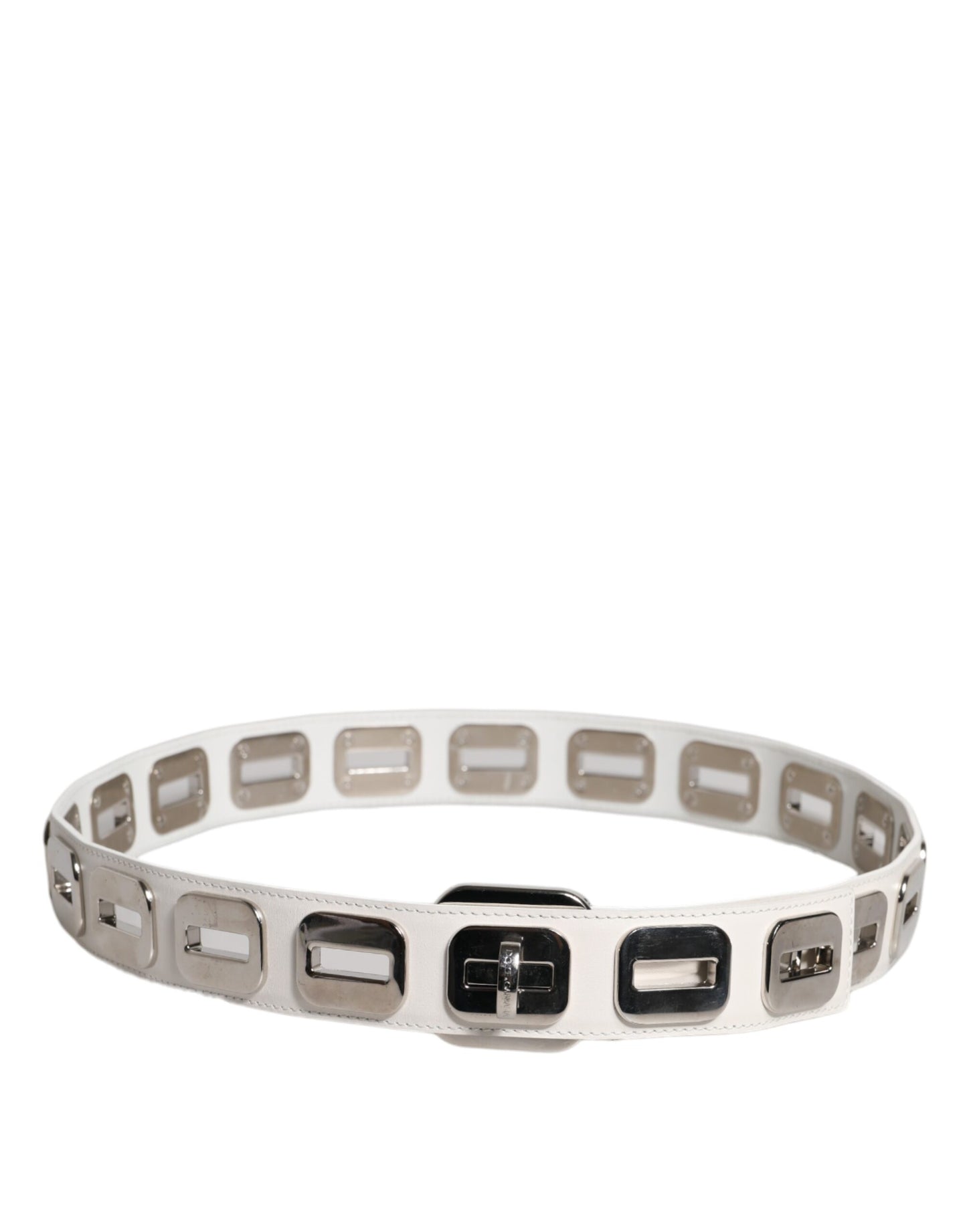 Dolce & Gabbana White Leather Gold Tone Rotating Buckle Belt Curated Luxury Accessories by Orvyn