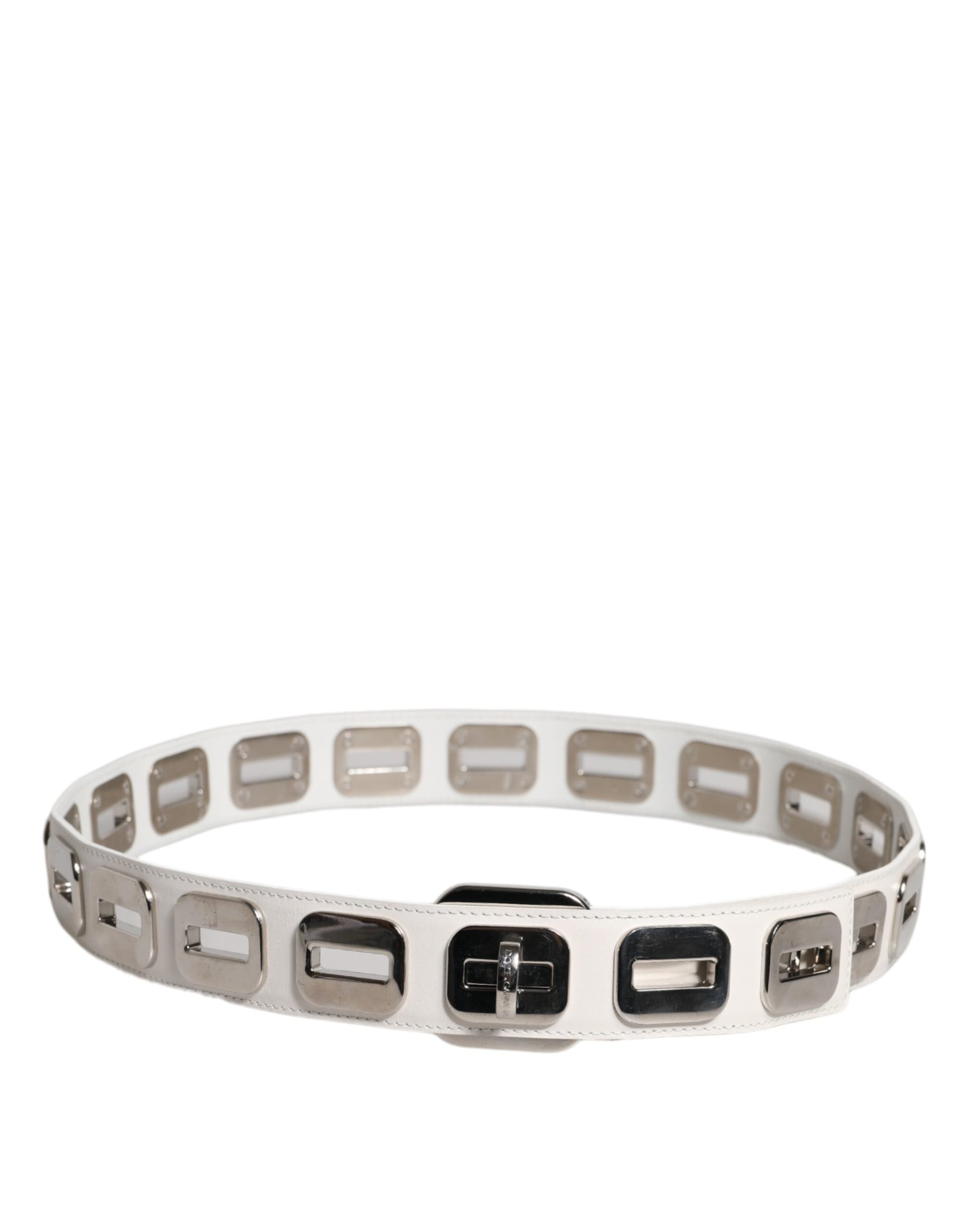 Dolce & Gabbana White Leather Gold Tone Rotating Buckle Belt Curated Luxury Accessories by Orvyn