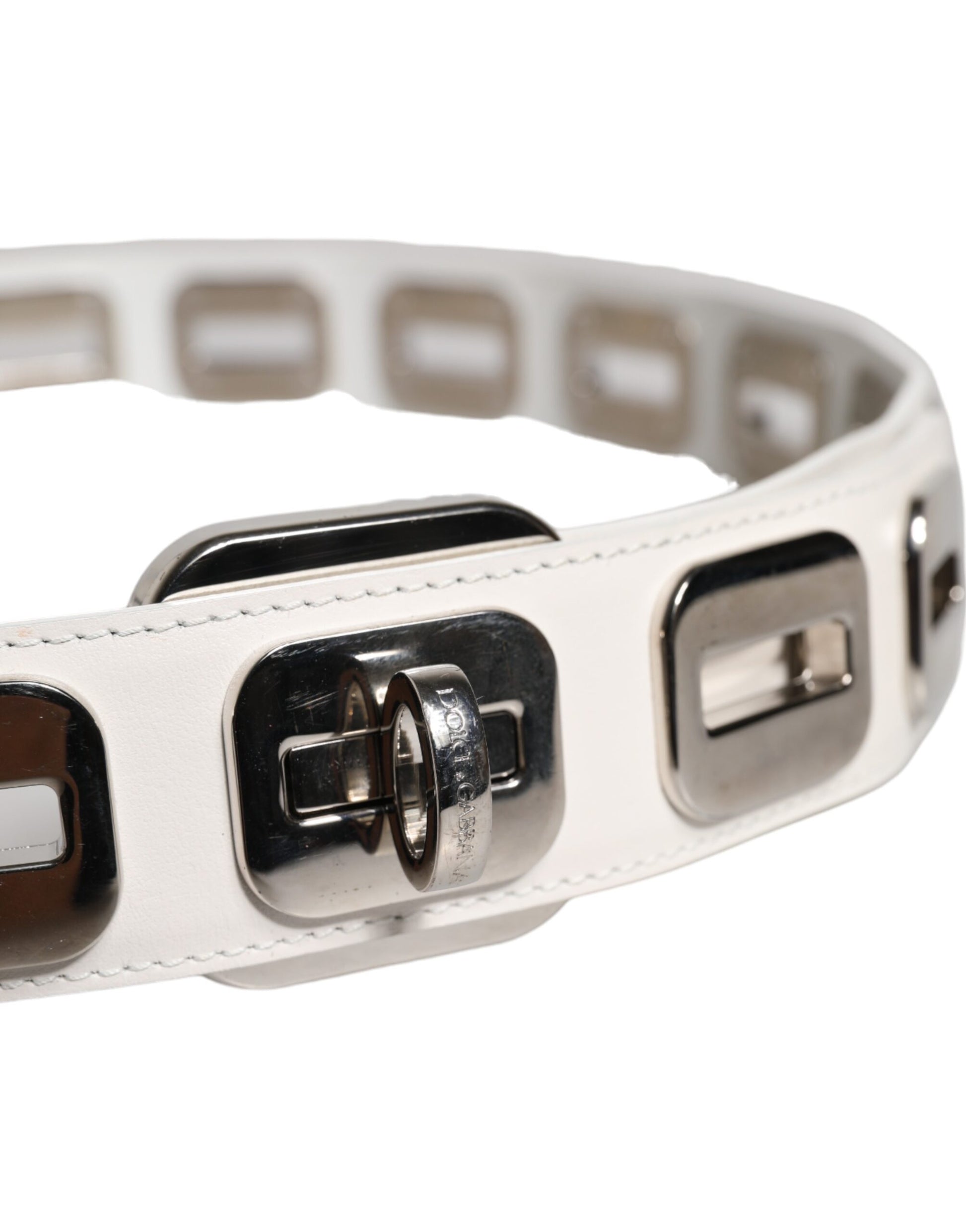 Dolce & Gabbana White Leather Gold Tone Rotating Buckle Belt Curated Luxury Accessories by Orvyn