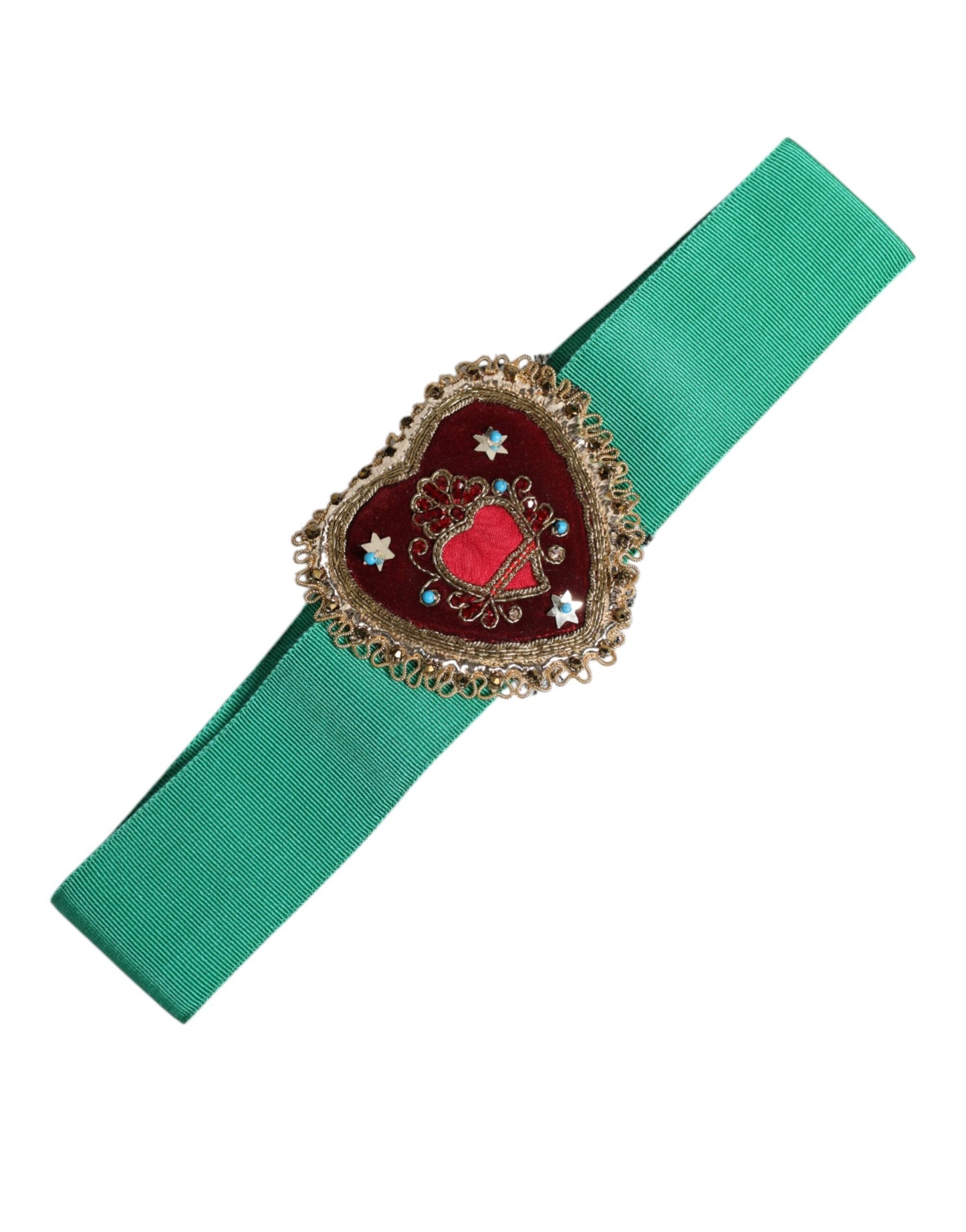 Dolce & Gabbana Green Stretch Wide Waist Heart Embellished Belt Curated Luxury Accessories by Orvyn