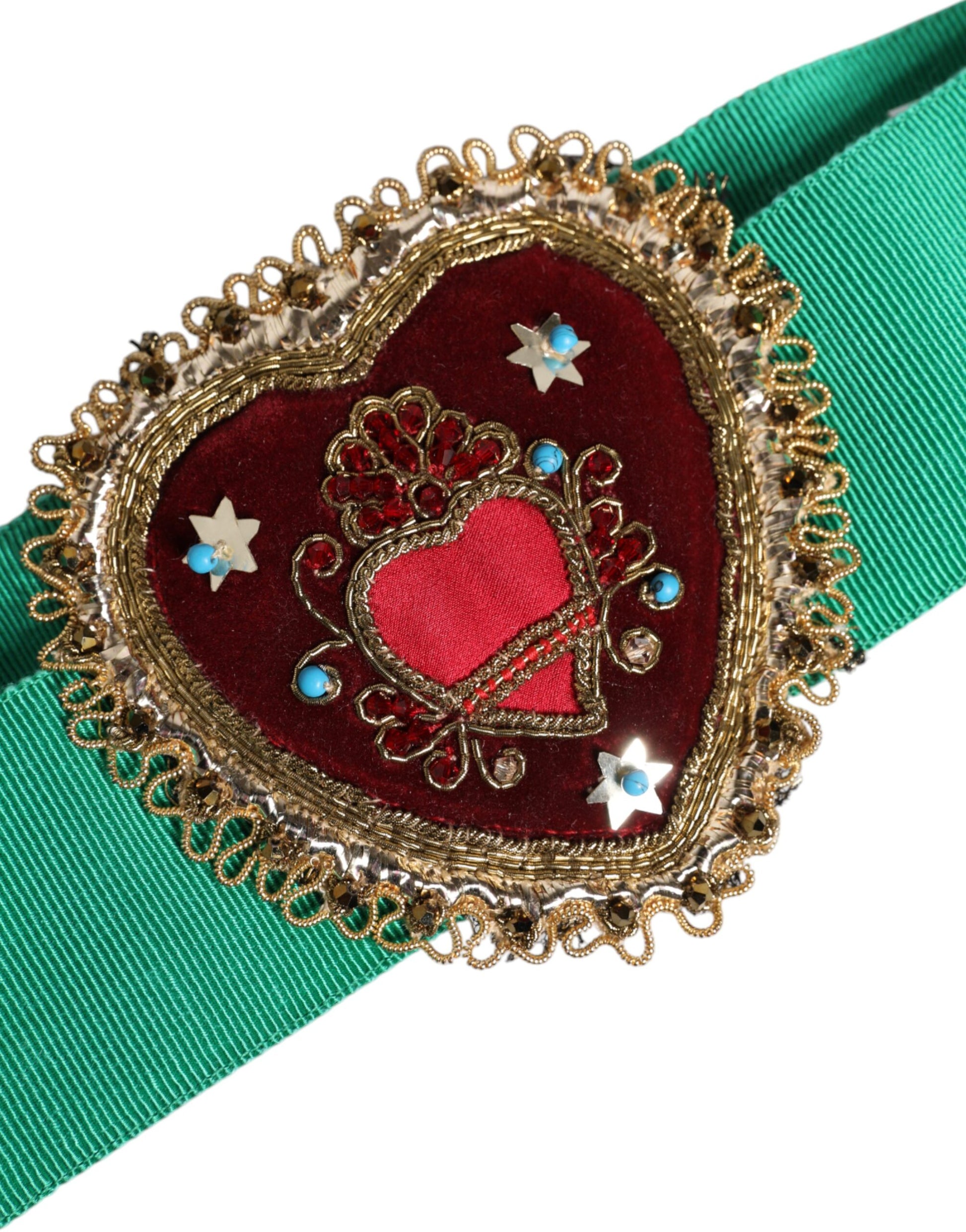Dolce & Gabbana Green Stretch Wide Waist Heart Embellished Belt Curated Luxury Accessories by Orvyn
