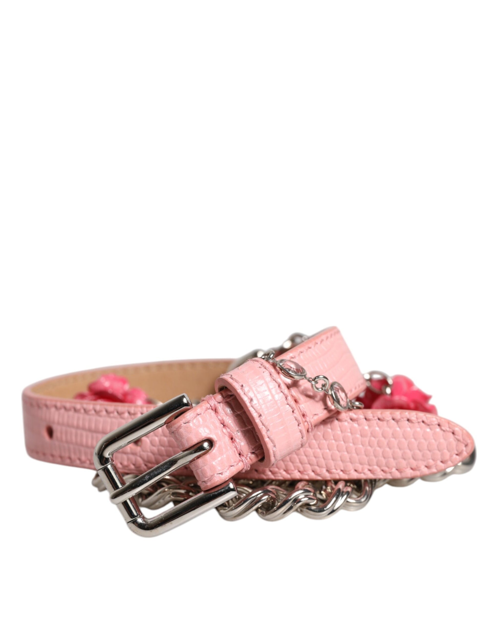 Dolce & Gabbana Pink Embelished Roses Textured Leather Belt Curated Luxury Accessories by Orvyn