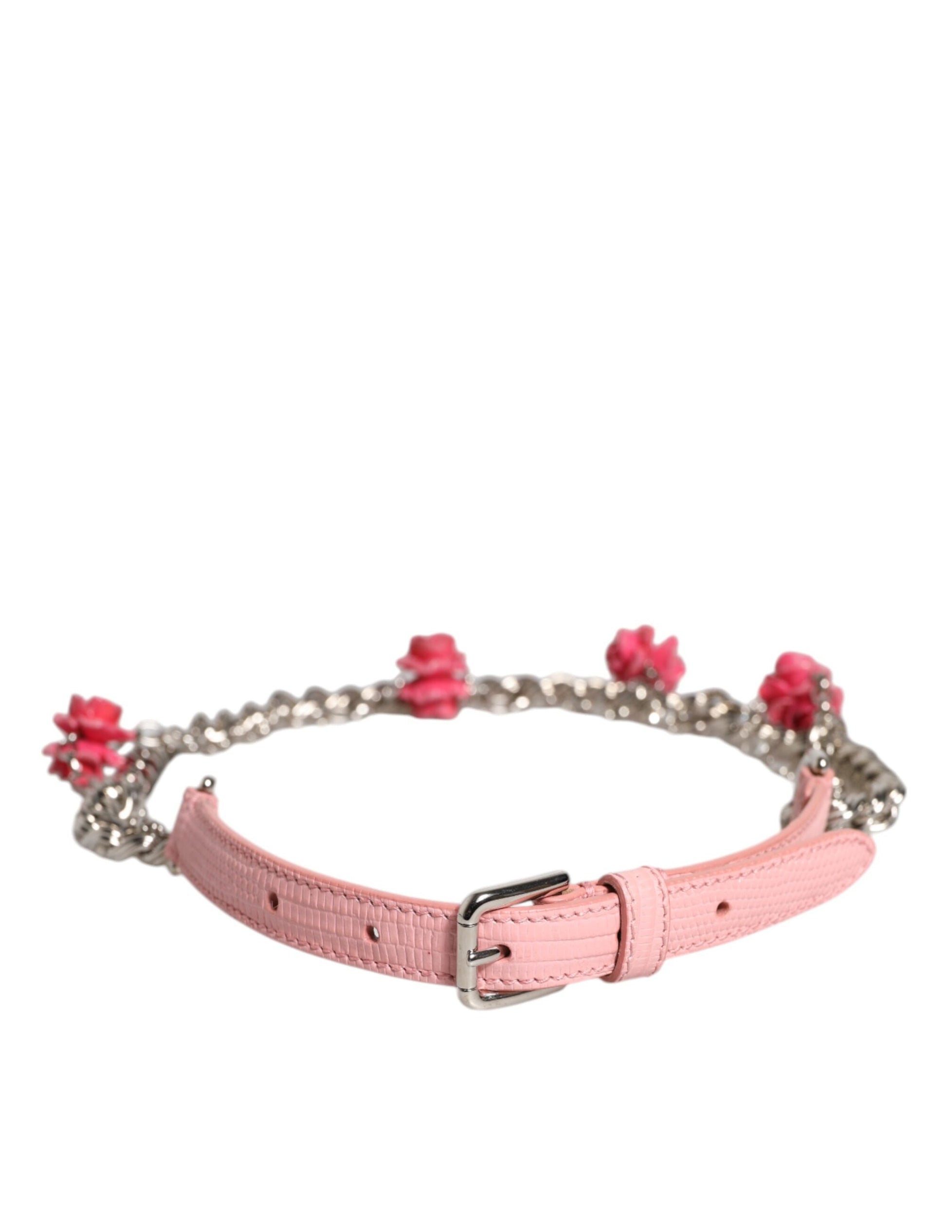 Dolce & Gabbana Pink Embelished Roses Textured Leather Belt Curated Luxury Accessories by Orvyn