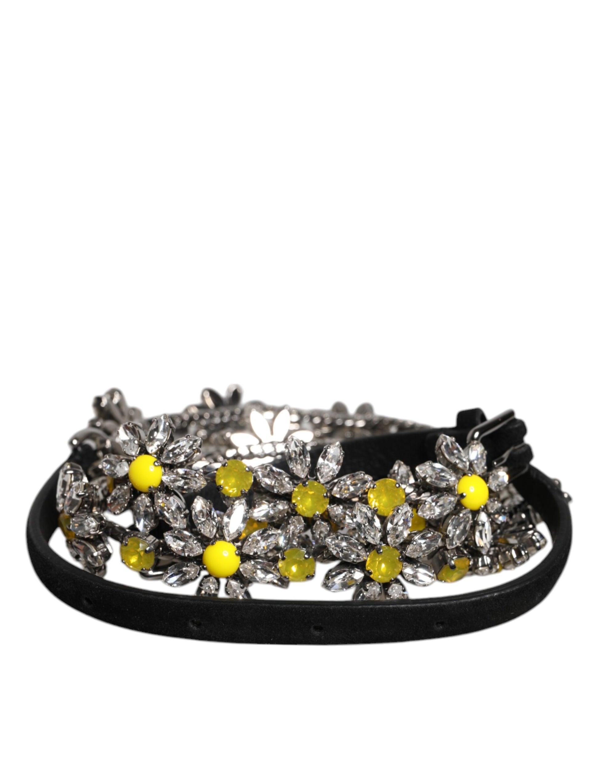 Dolce & Gabbana Black Leather Daisy Crystal Embellish Waist Belt Curated Luxury Accessories by Orvyn