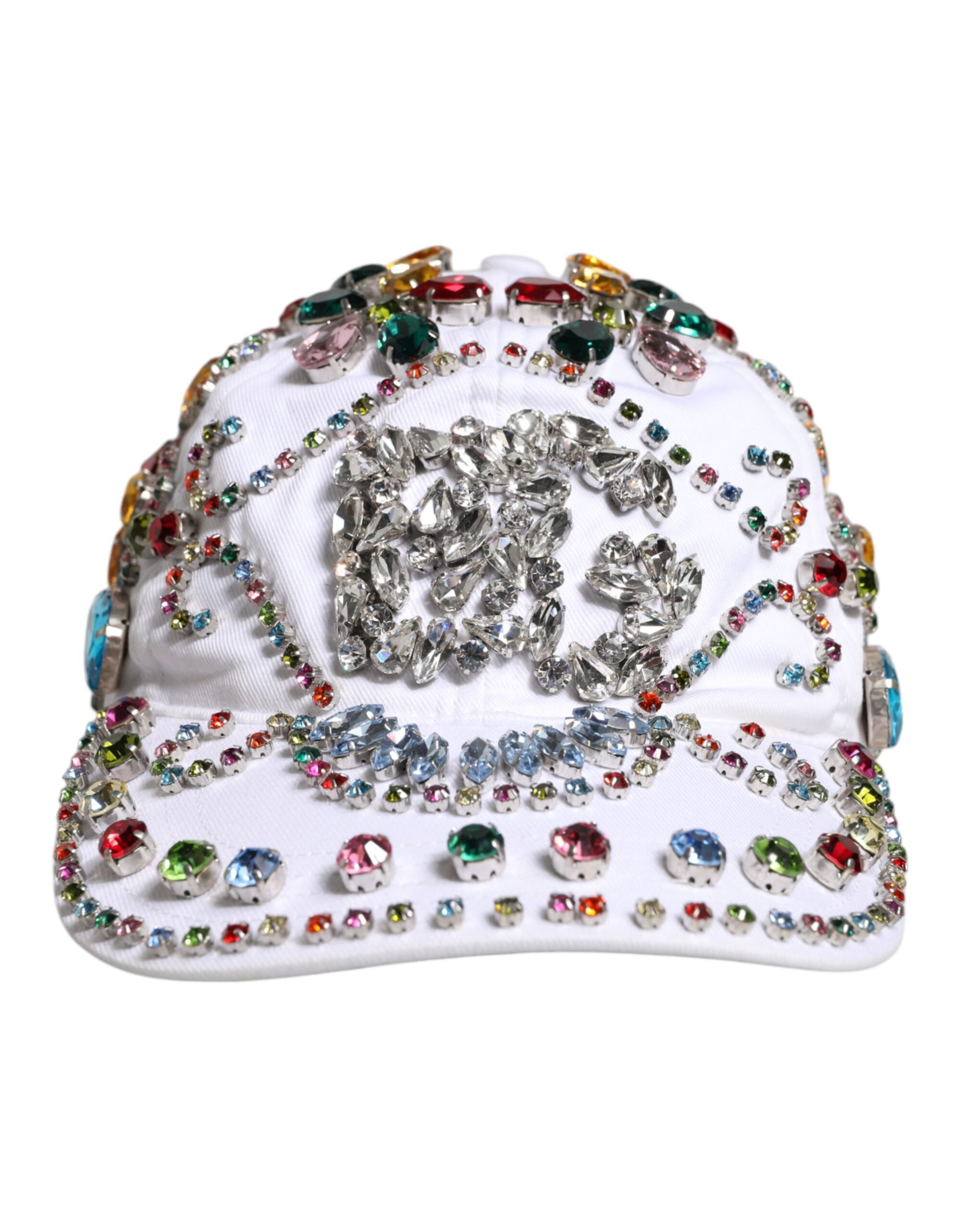 Dolce & Gabbana White Multicolor Crystal Embellish Baseball Cap Curated Luxury Accessories by Orvyn
