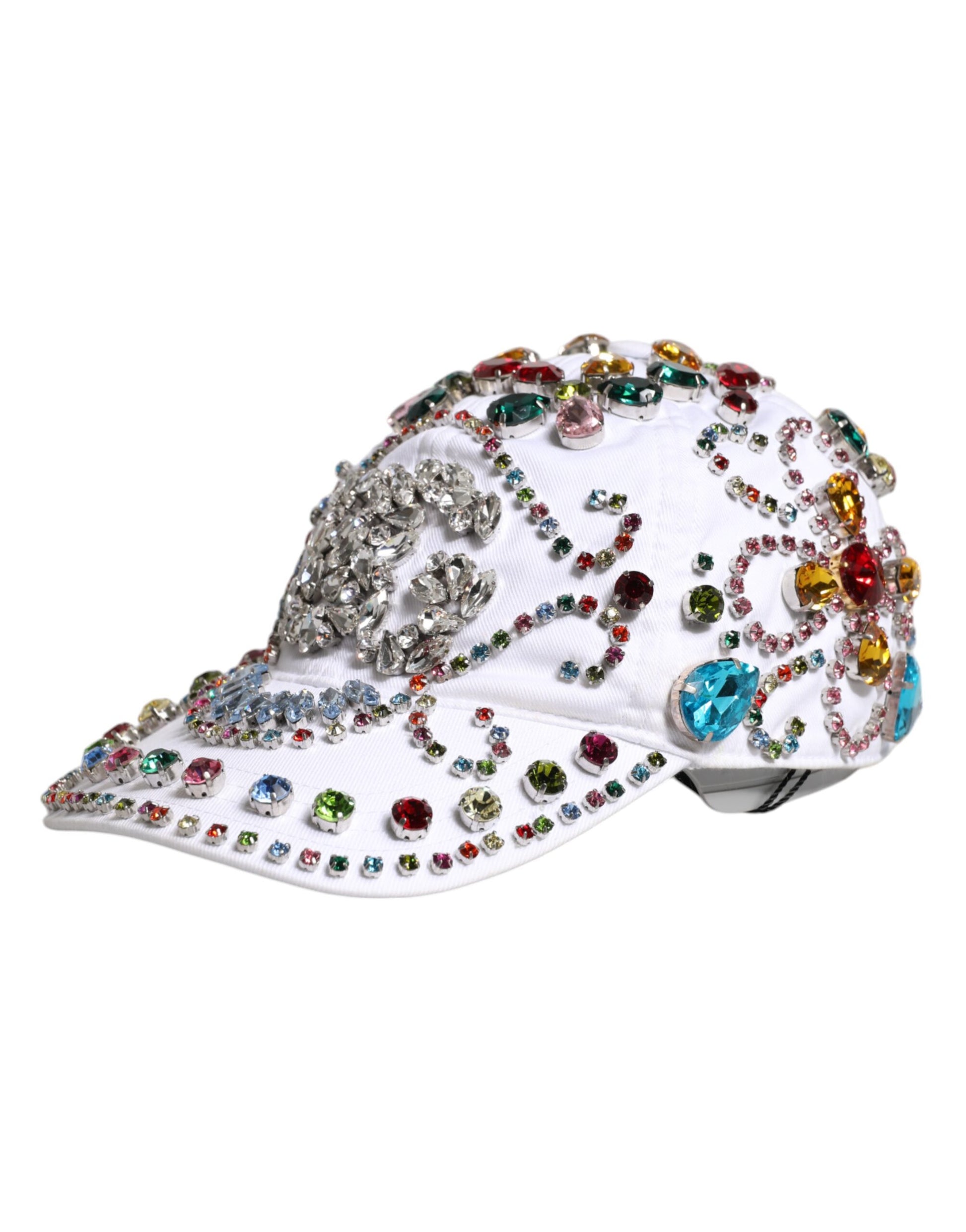 Dolce & Gabbana White Multicolor Crystal Embellish Baseball Cap Curated Luxury Accessories by Orvyn