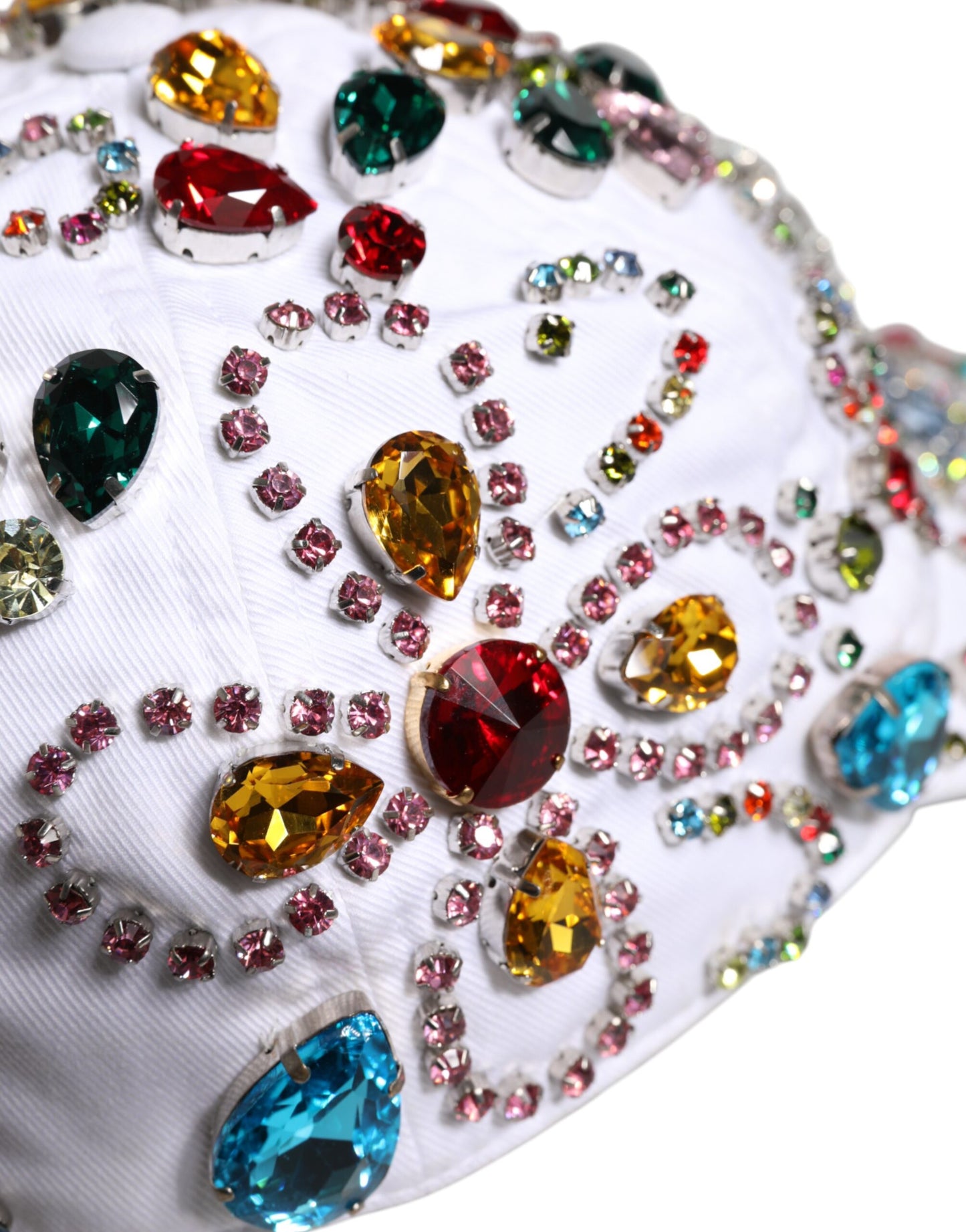 Dolce & Gabbana White Multicolor Crystal Embellish Baseball Cap Curated Luxury Accessories by Orvyn
