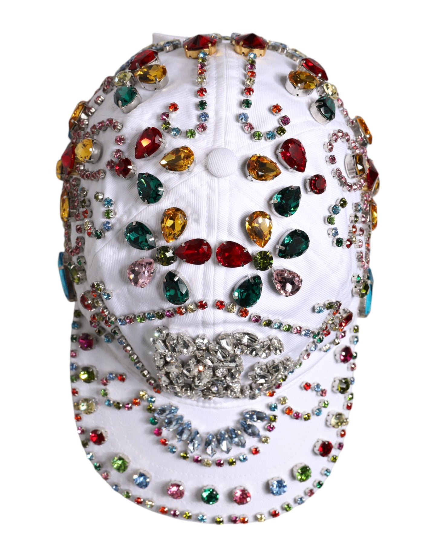 Dolce & Gabbana White Multicolor Crystal Embellish Baseball Cap Curated Luxury Accessories by Orvyn