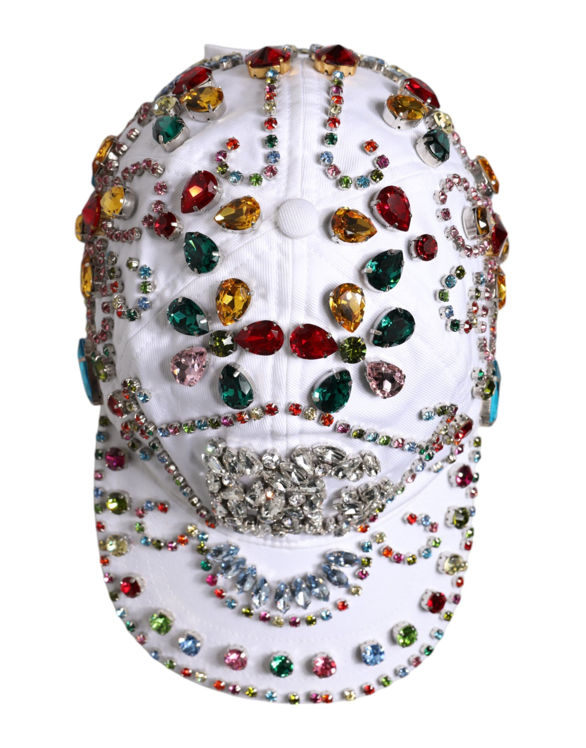 Dolce & Gabbana White Multicolor Crystal Embellish Baseball Cap Curated Luxury Accessories by Orvyn