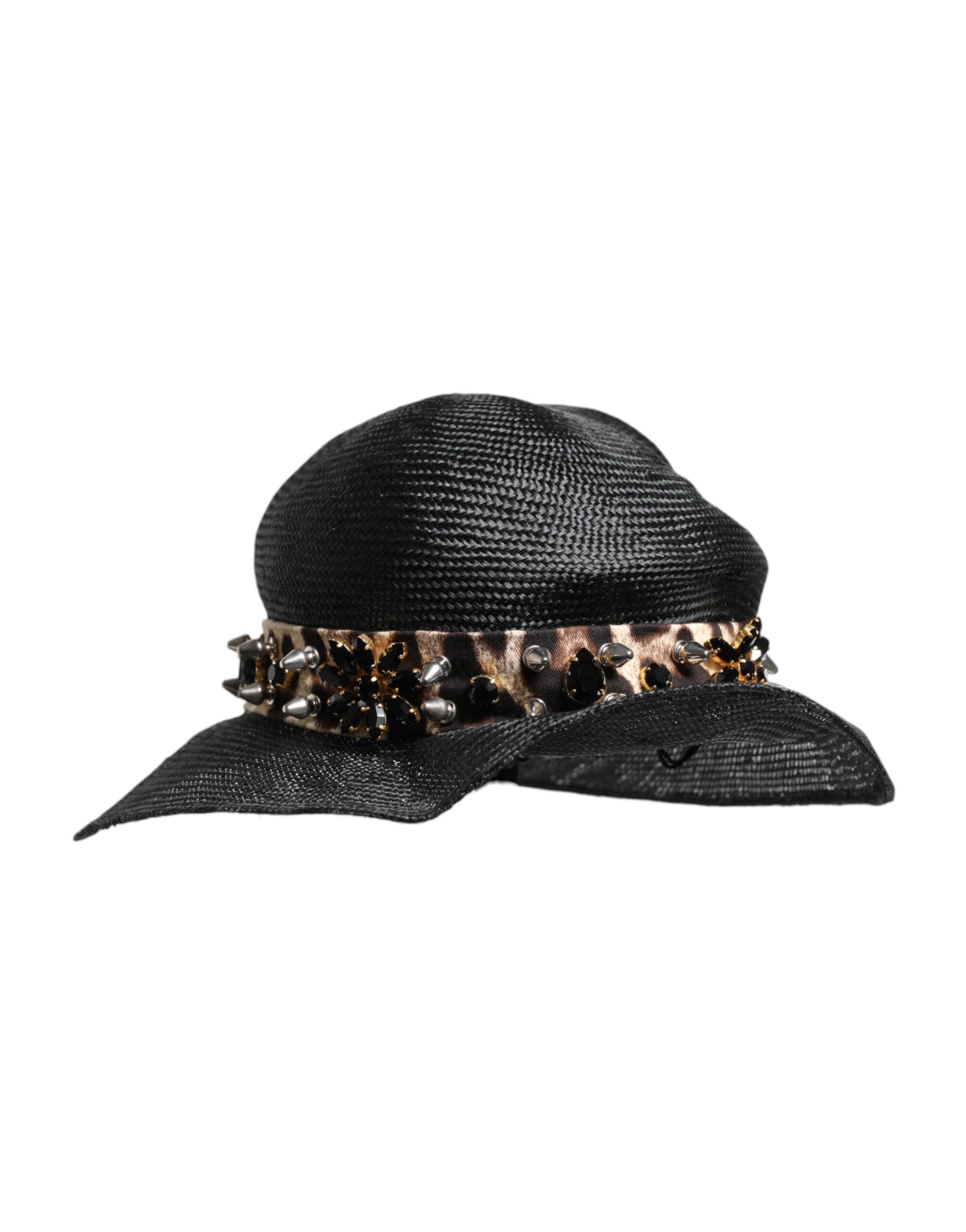 Dolce & Gabbana Black Straw Crystal Embellished Wide Brim Hat Curated Luxury Accessories by Orvyn