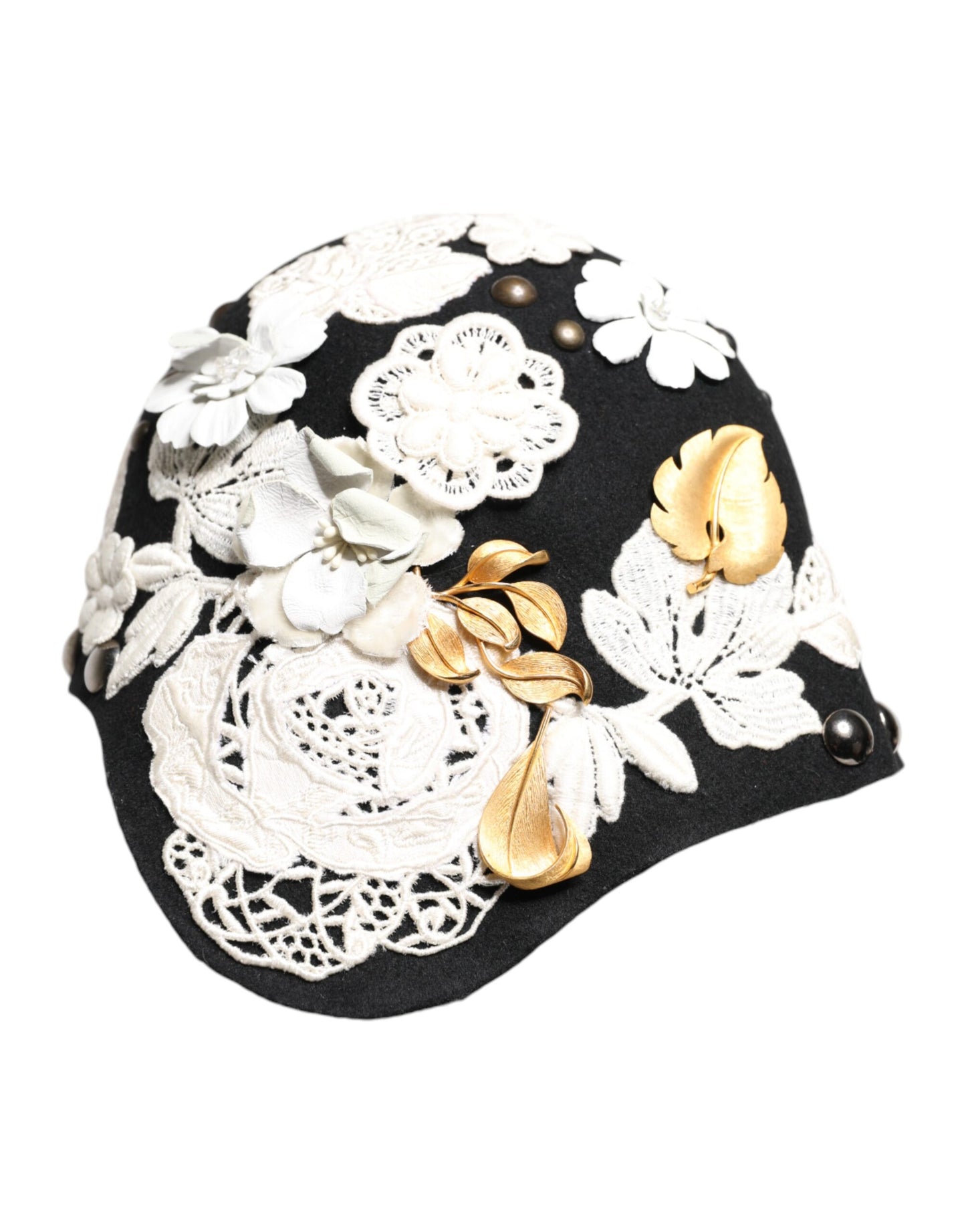 Dolce & Gabbana Black Wool White Floral Gold Leaf Cloche Hat Curated Luxury Accessories by Orvyn