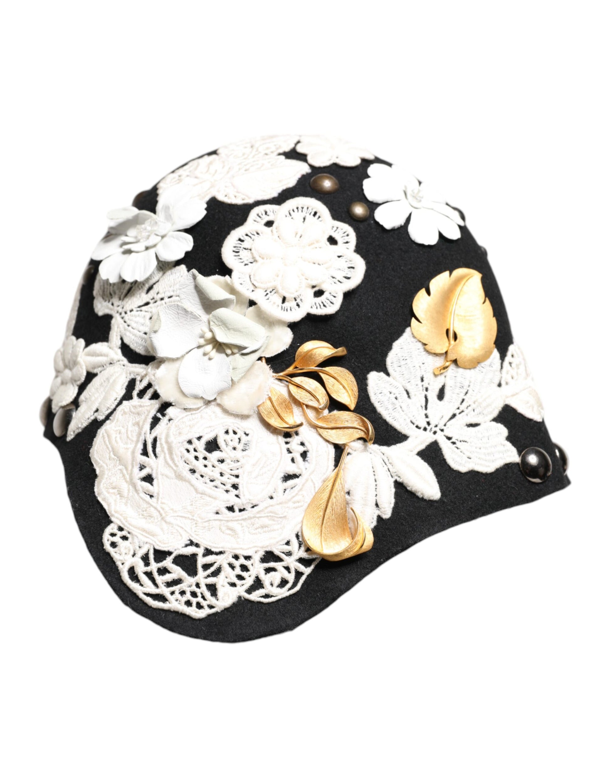Dolce & Gabbana Black Wool White Floral Gold Leaf Cloche Hat Curated Luxury Accessories by Orvyn