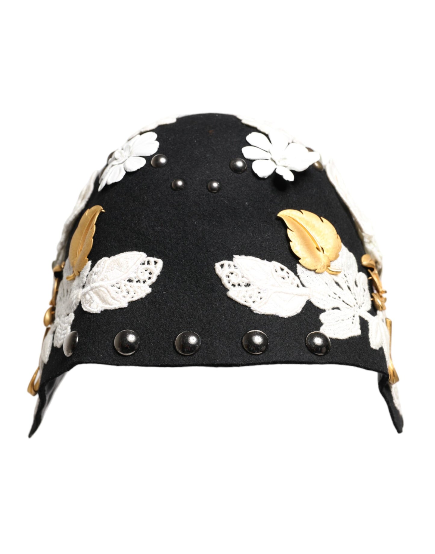 Dolce & Gabbana Black Wool White Floral Gold Leaf Cloche Hat Curated Luxury Accessories by Orvyn