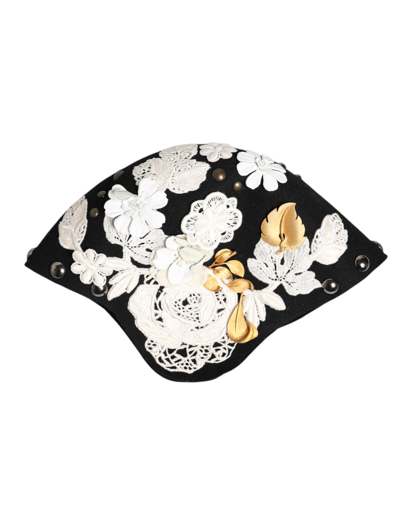 Dolce & Gabbana Black Wool White Floral Gold Leaf Cloche Hat Curated Luxury Accessories by Orvyn